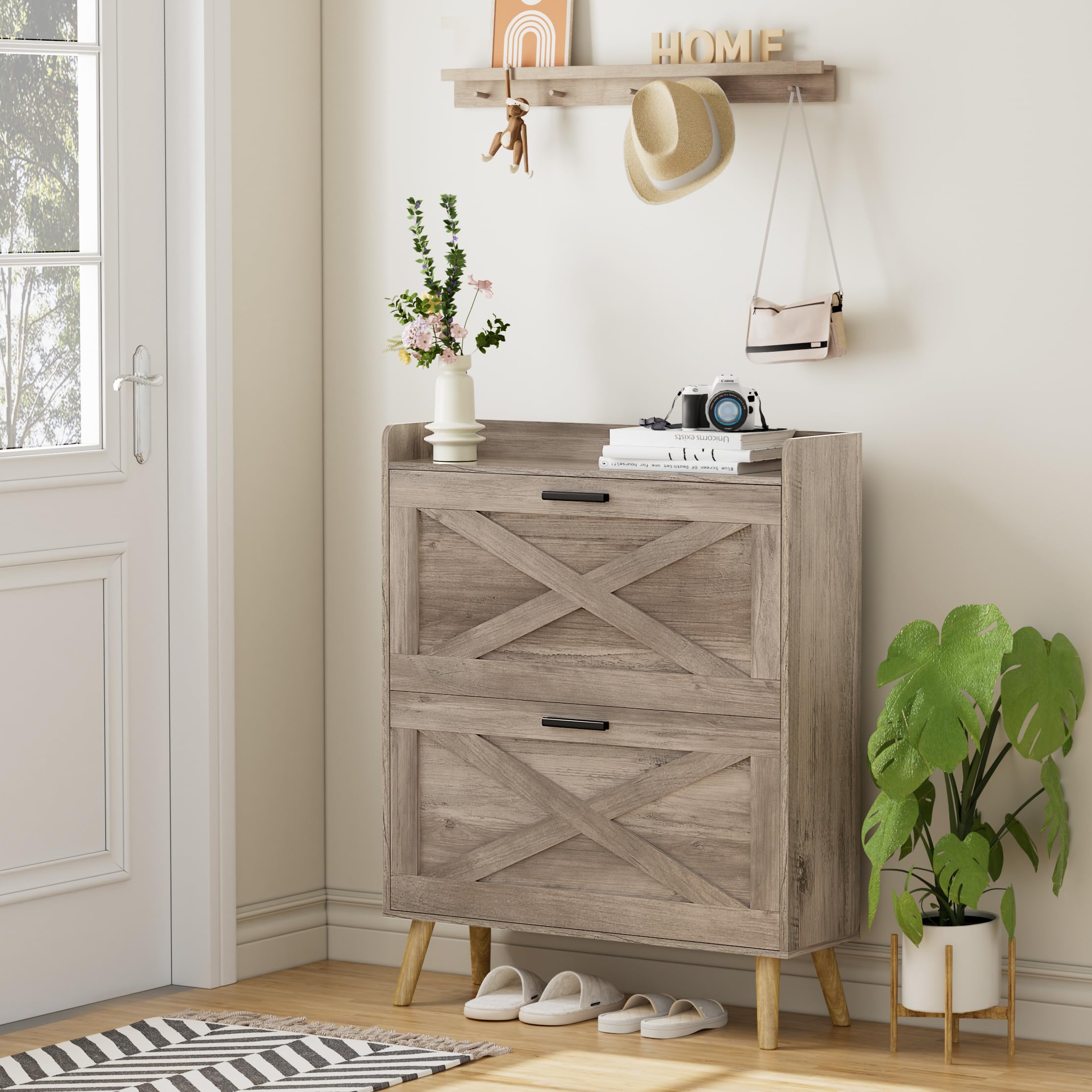 Farmhouse Shoe Storage Cabinet with 2 Flip Drawers & Barn Door Design - Adjustable Shelves Modern Hidden Slim Narrow Shoe Rack for Entryway, Foyer, Hallway - Perfect for Small Spaces & Home Organization (Greige)