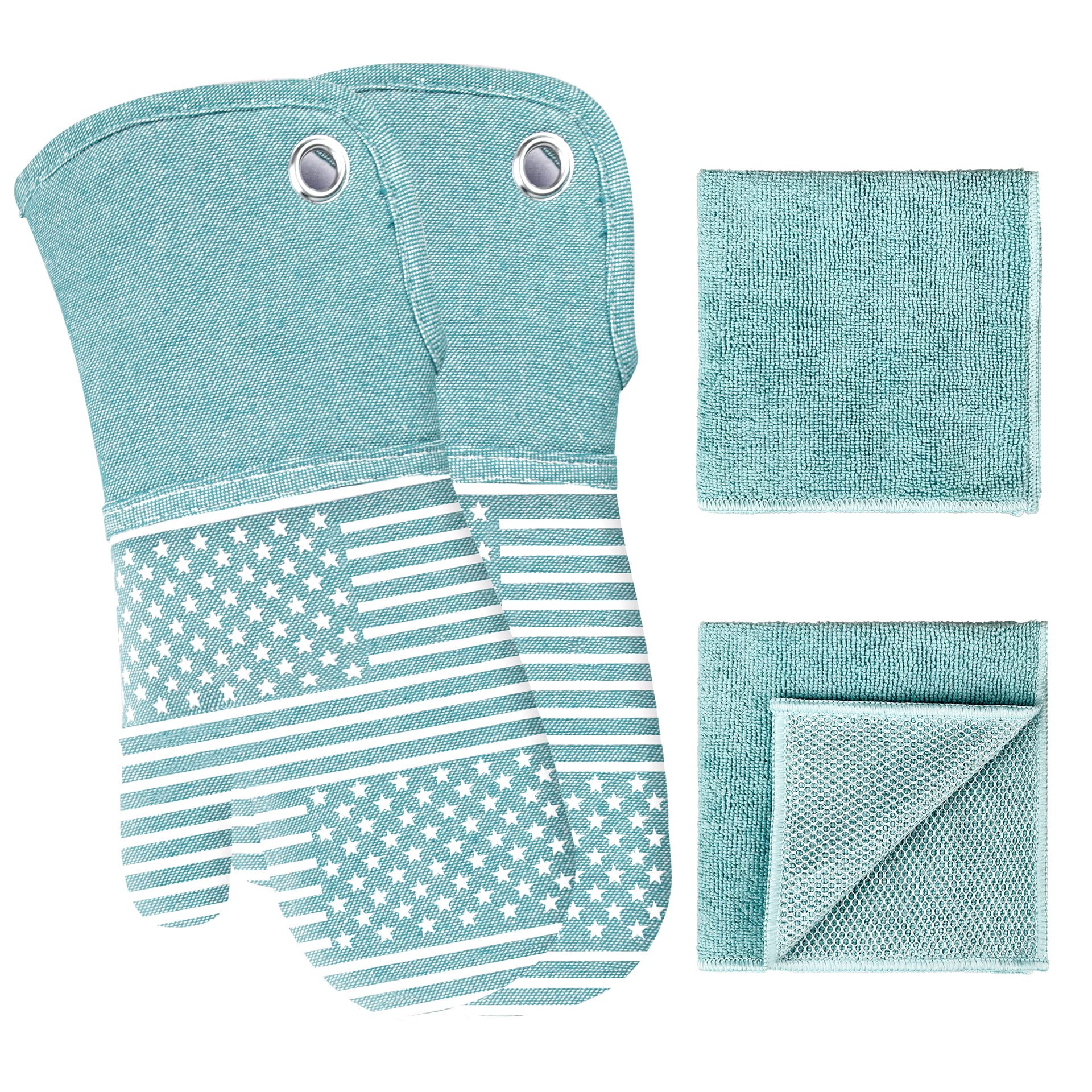 Heat Resistant Silicone Oven Mitts & Kitchen Towels Set - 470°F Non-Slip Gloves & Pot Holders for Cooking, Baking, BBQ - Machine Washable 4-Piece Set (Blue) - Perfect for Grilling, Baking & Everyday Kitchen Use