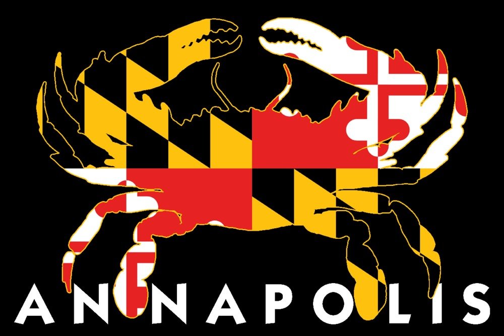 Annapolis Maryland Crab Flag Black with White Text - 36x54 Giclee Gallery Print - Travel Poster Wall Decor for Home, Office & Coastal Themed Spaces