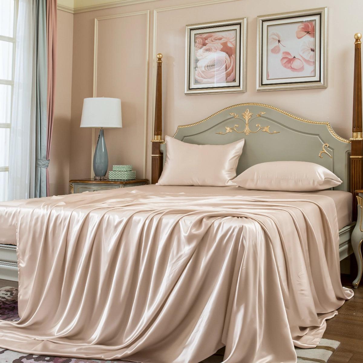 23mm 6A+ 100% Mulberry Silk Flat Sheet Set - 4 Piece Luxury Bedding for Queen Size Bed - Soft & Breathable for All Seasons - Perfect for Home, Hotel, and Gift Giving