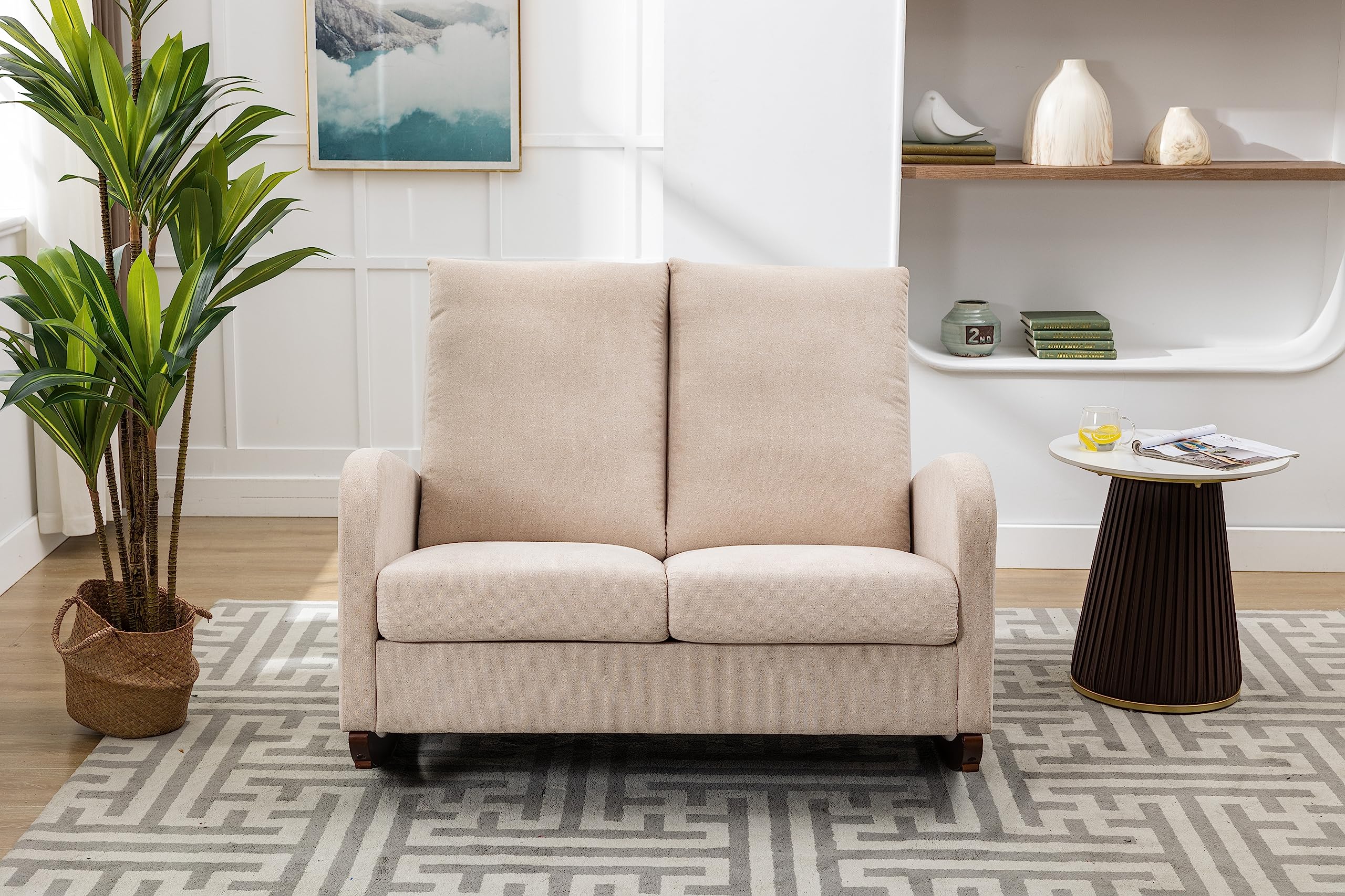 Modern Double Rocking Chair - Oversized Nursery Glider with High Backrest & Side Pocket, Extra Wide Rocking Sofa for Living Room, Bedroom & Nursery - Perfect for Breastfeeding, Reading Nook & Relaxation (Beige)