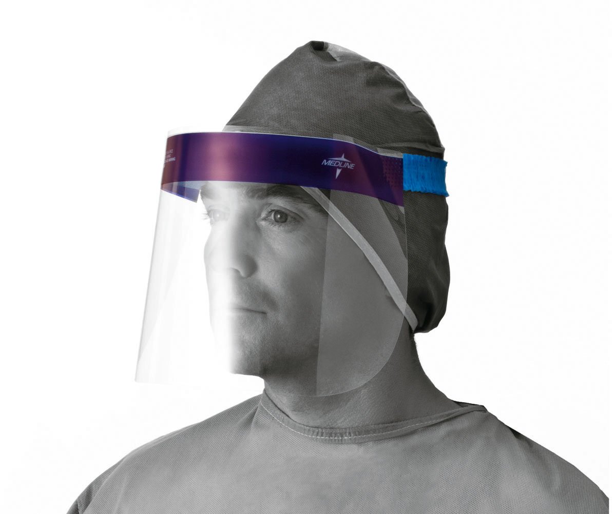 Medline Disposable Full Face Shield - Anti-Fog Polyester Visor (7.5 Inch Length) with Comfort Foam Headband & Elastic Strap - Case of 96 - Ideal for Healthcare, Laboratory & Industrial Safety Protection