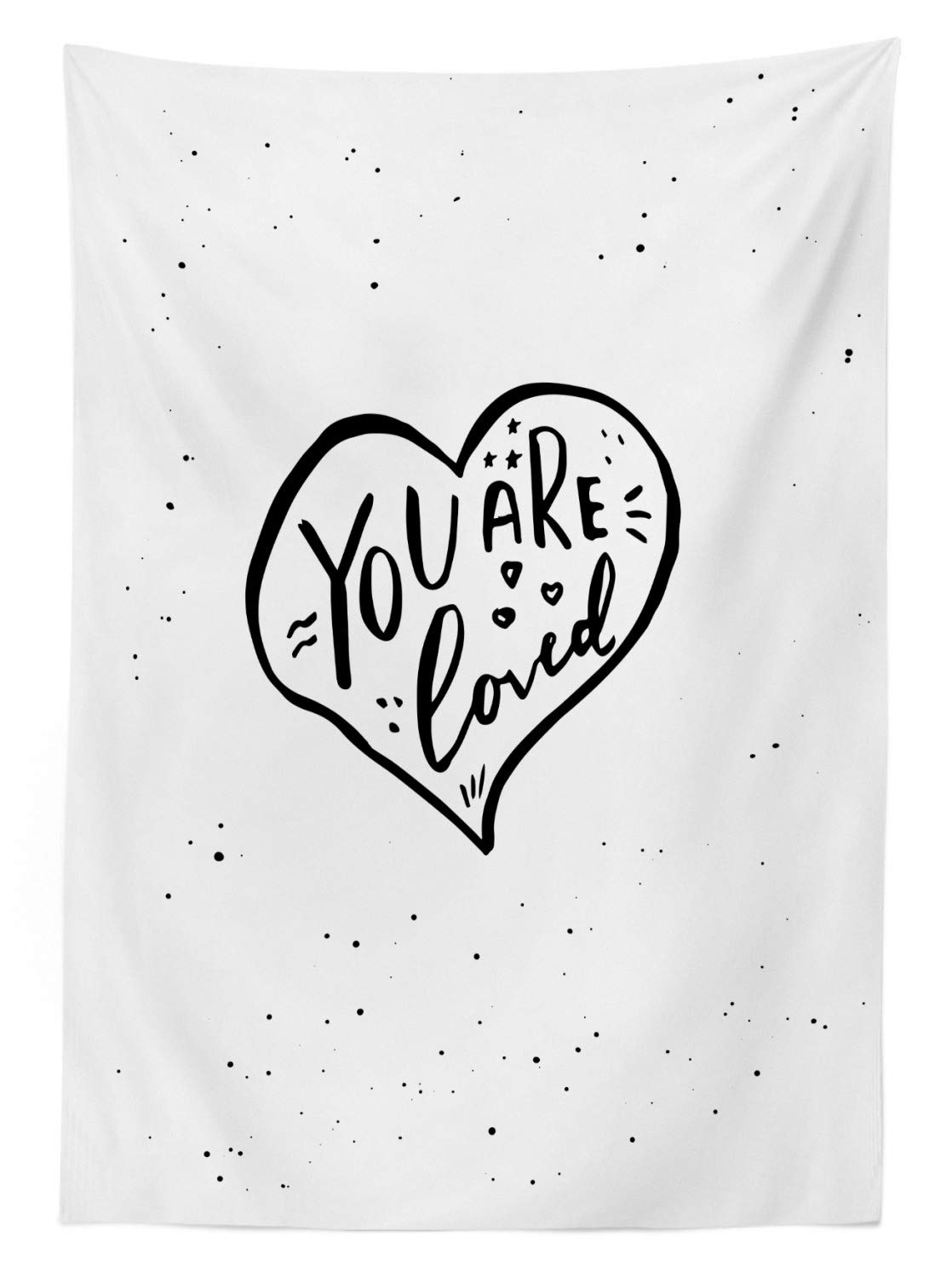Ambesonne Romantic Outdoor Tablecloth - Hand Drawn 'You Are Loved' Heart Design with Stars & Dots - Washable Picnic Table Cover 58x84 Inches Black & White - Perfect for Garden Parties, Picnics & Outdoor Dining