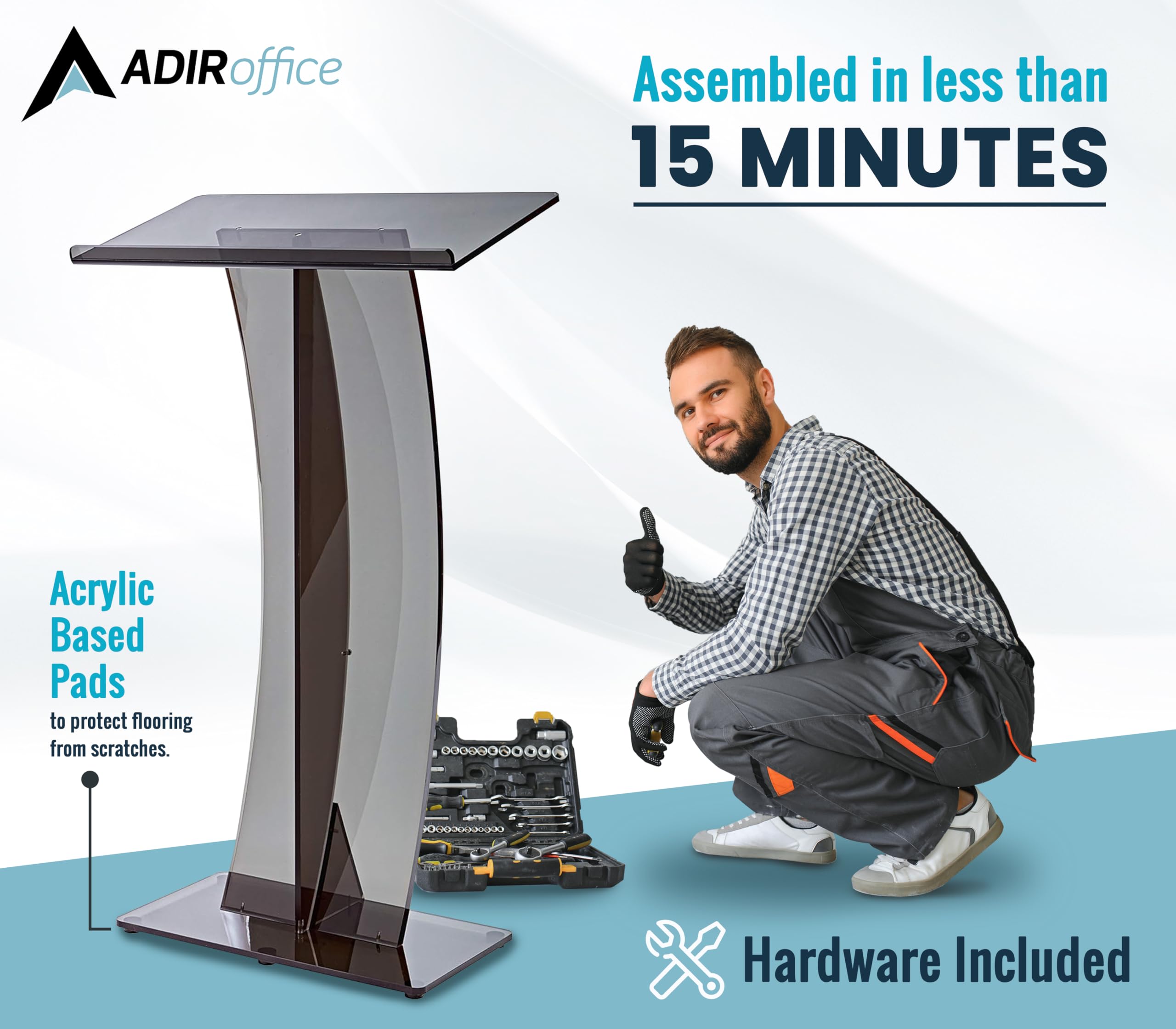 AdirOffice Black Acrylic Podium Stand - Premium Church Pulpit, Wedding Lectern & Presentation Podium for Events, Speeches & Ceremonies