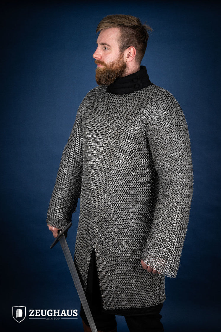 Flat Ring Riveted Chainmail Hauberk - 9mm Oiled Steel Medieval Armor for LARP, Cosplay & Renaissance Fairs - B Stock