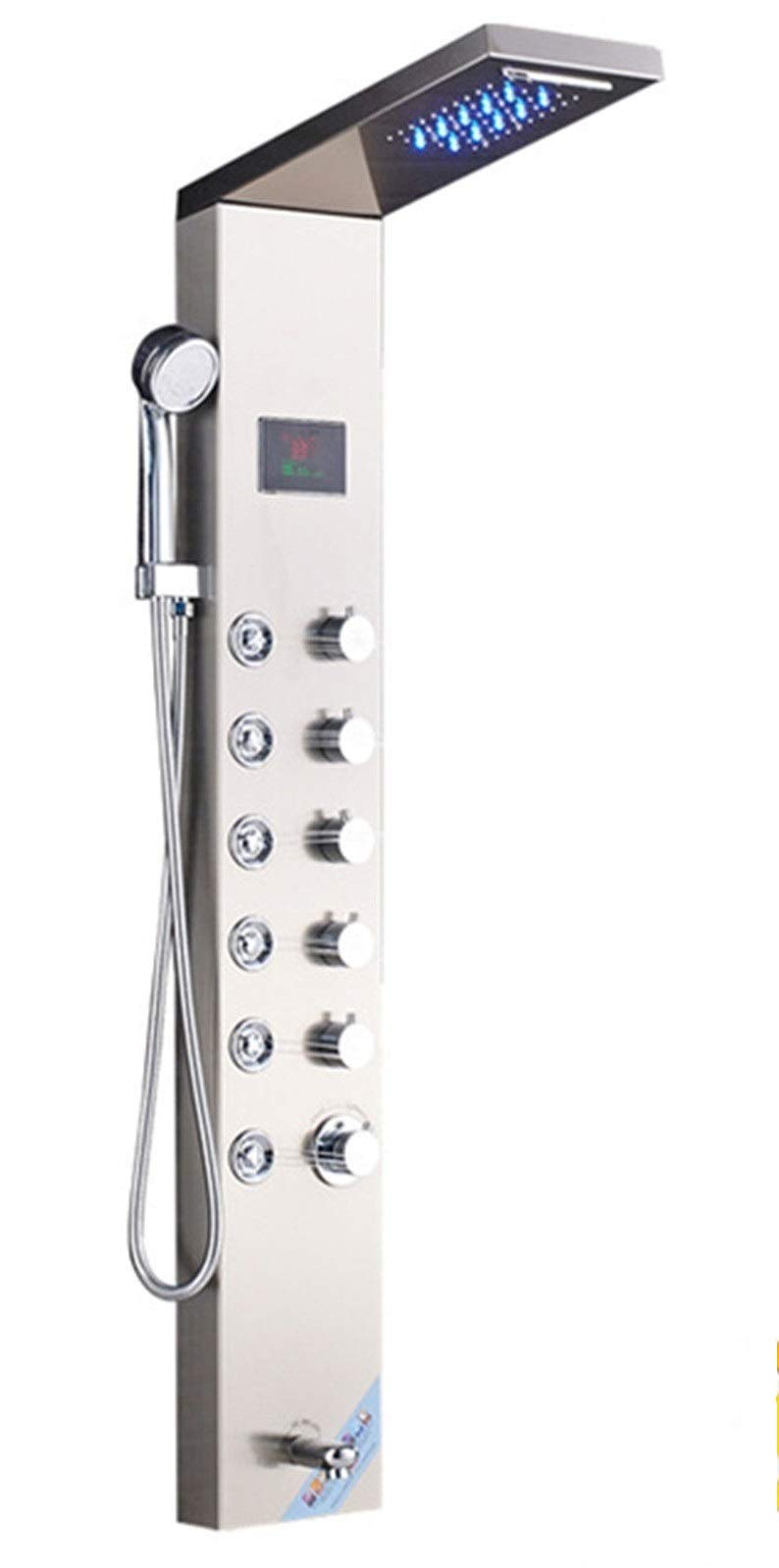Portable LED Light Shower Panel with Waterfall Rain Shower Head - SPA Massage Jet Bath Shower Column Mixer Tap Tower in Brushed Nickel (8007) - Perfect for Modern Bathroom Renovation & Luxury Shower Experience