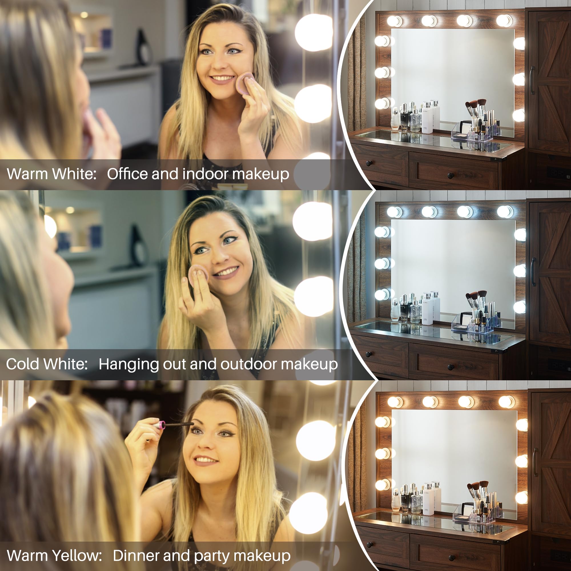 Farmhouse Vanity Makeup Desk with LED Mirror, USB Charging Station & Stool - 43