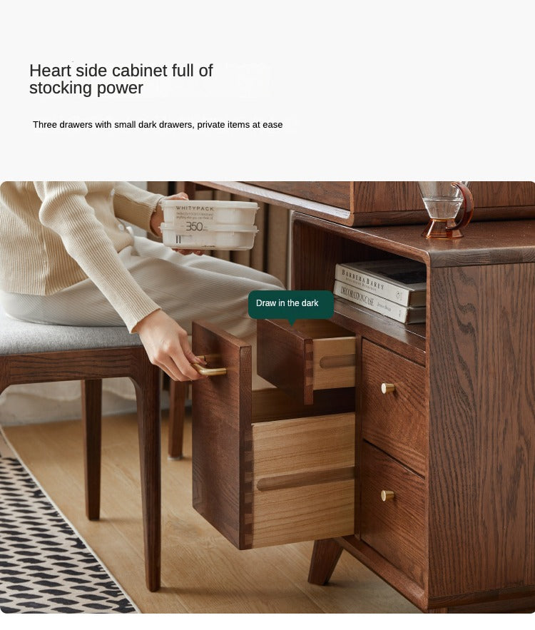 Solid Oak Wood Extendable Dressing Table - Walnut Finish | Elegant Vanity Desk for Bedroom, Makeup Station & Home Decor