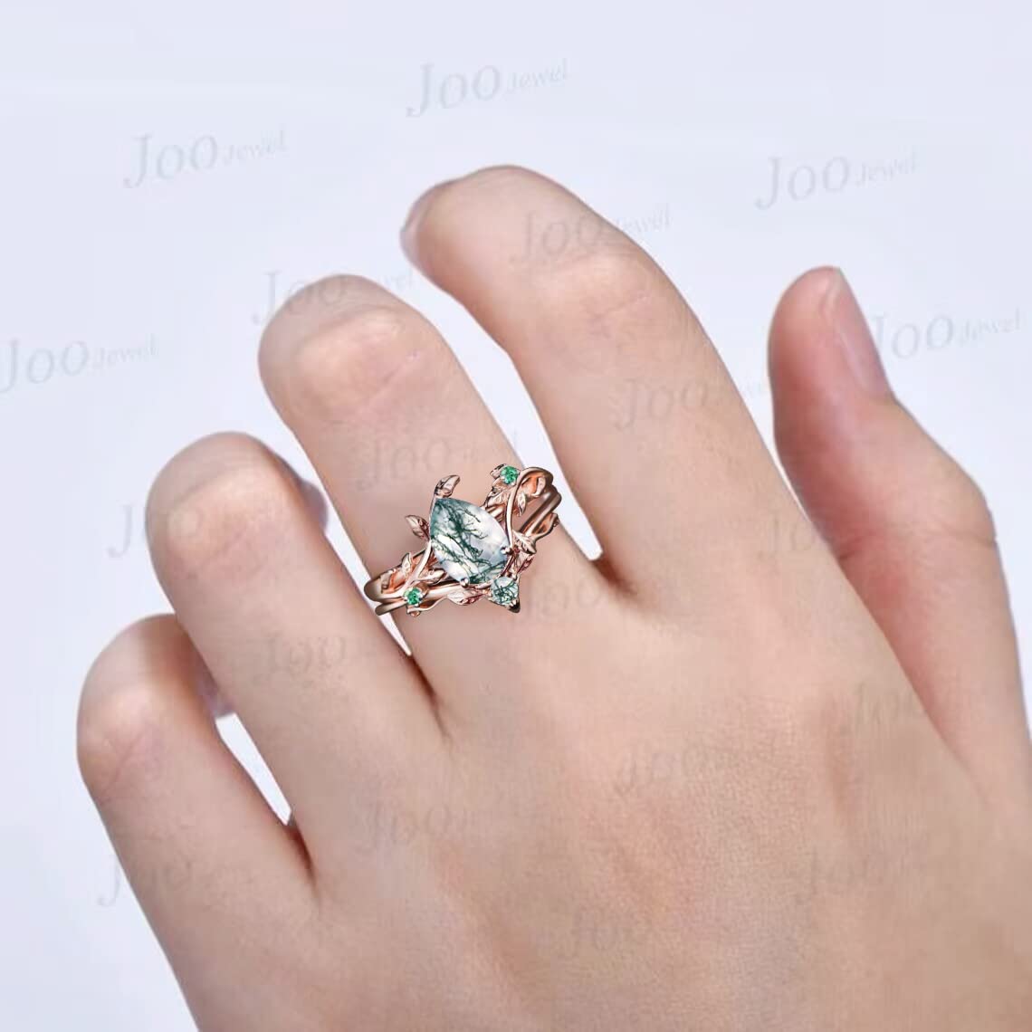 Nature Inspired Green Moss Agate Bridal Ring Set - 1.25ct Pear Cut Rose Gold Vintage Branch Design with Leaf Twig Vine Details | Emerald Wedding Band, Unique Anniversary Gift for Her (Includes Gift Box) | Perfect for Boho Weddings, Nature-Themed Proposals & Romantic Occasions