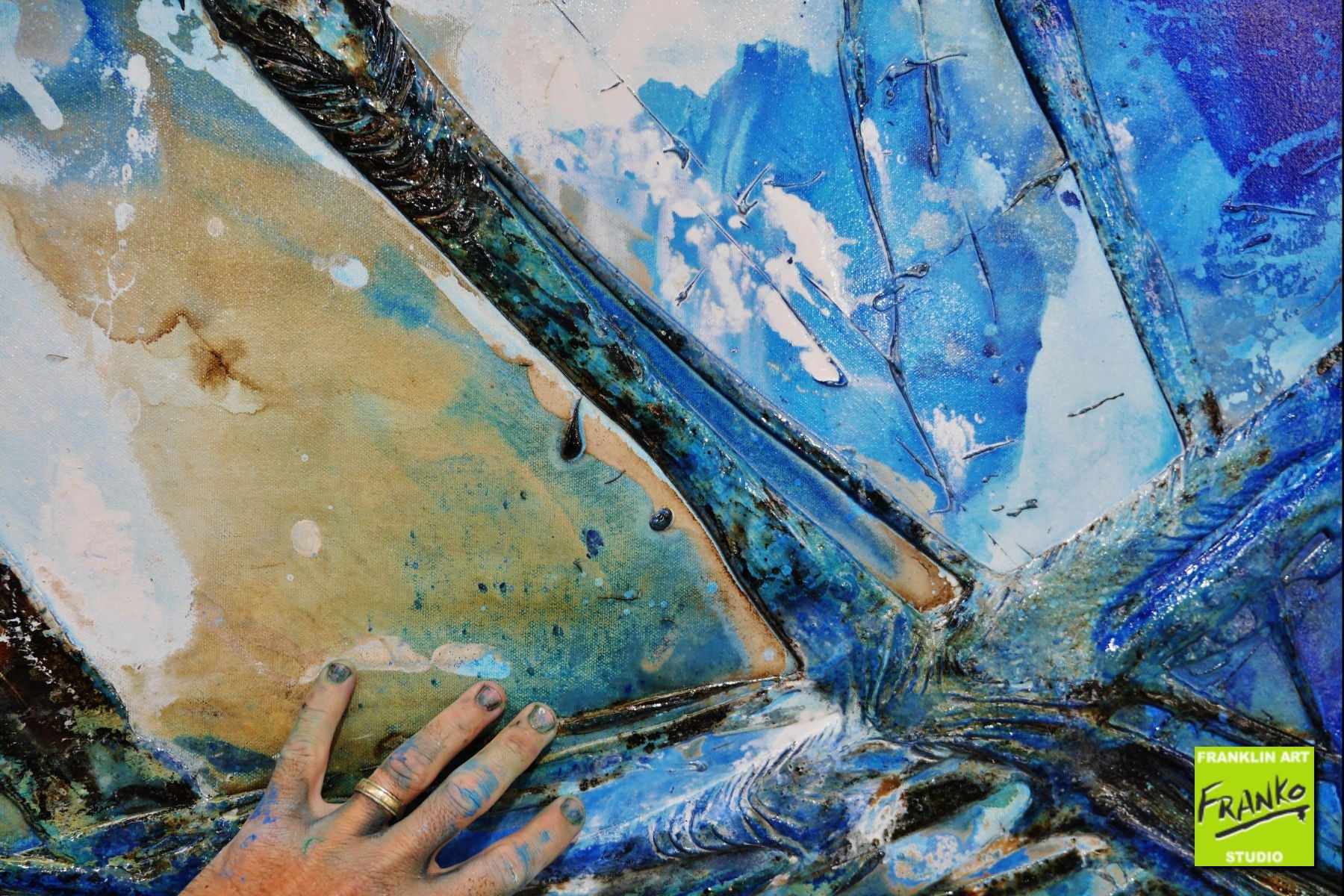 Blue Textured Abstract Painting 270cm x 120cm - Modern Wall Art for Living Room, Bedroom & Office Decor | Large Blue and Gold Canvas Artwork