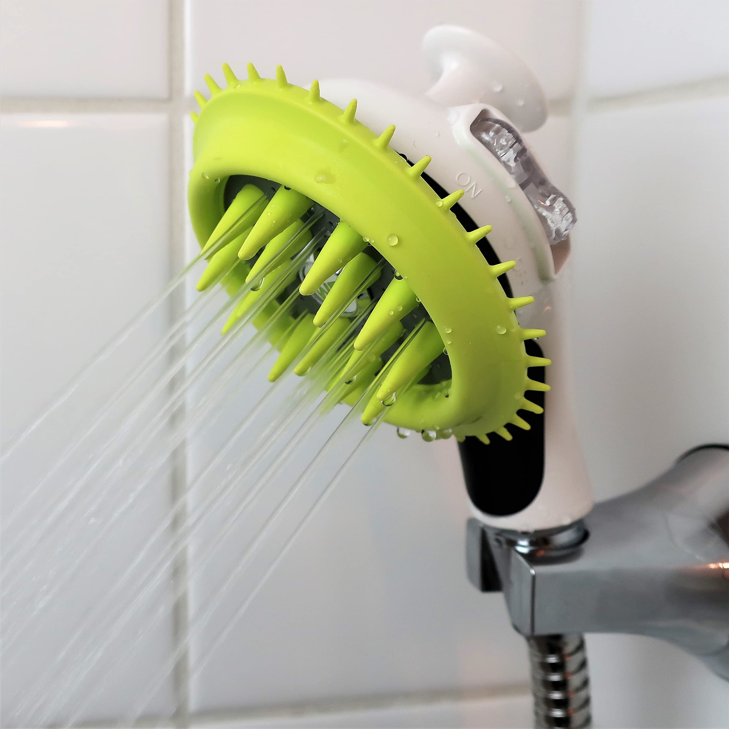 Wondurdog Pet Shower Brush with Rubber Grooming Teeth & Splash Shield - Dog Bath Brush for Grooming & Massaging - Perfect for Bath Time, Shedding Control & Coat Care