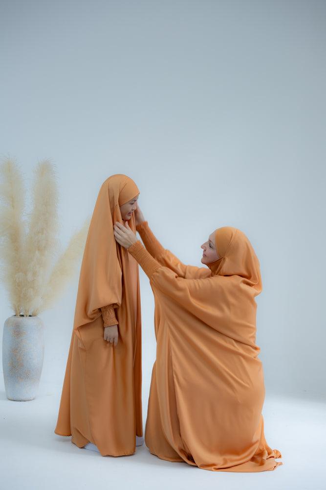 Little Gretaah Khimar Style Prayer Gown for Kids - Orange Islamic Dress with Ribbed Sleeve Cuffs - Perfect for Eid, Mosque & Religious Ceremonies