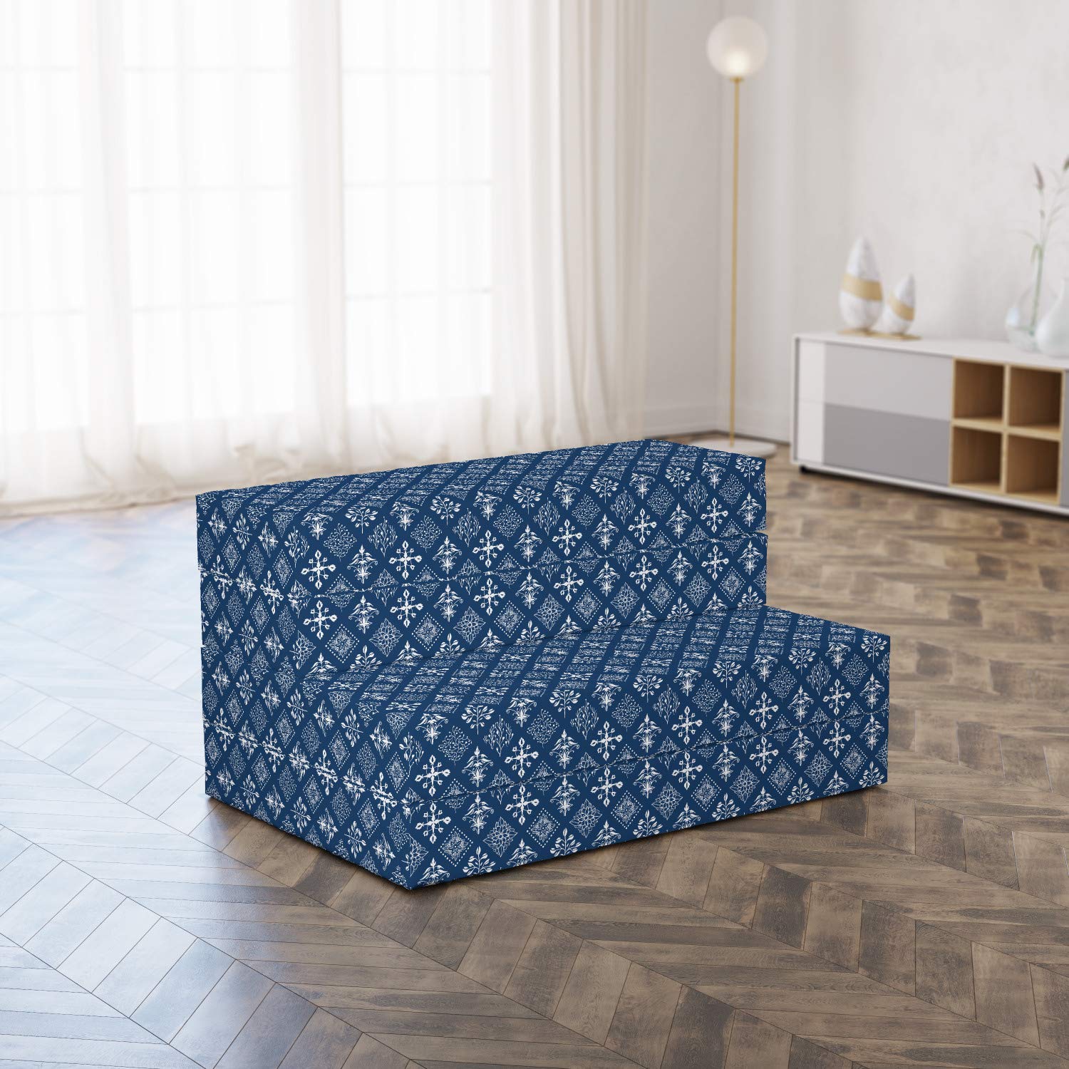 Ambesonne Mediterranean Foldable Mattress - Navy Blue & White Rectangular Armor Design - 74.8