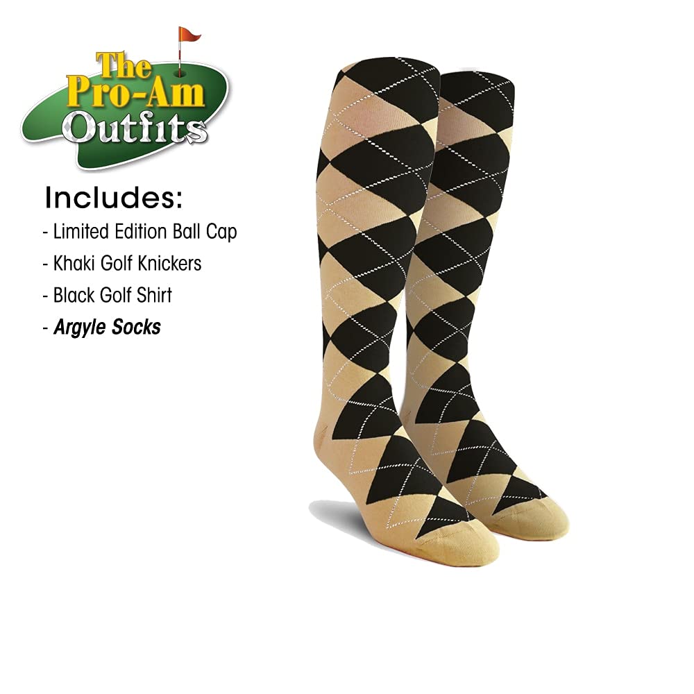 Men's Khaki Microfiber Outfit Set - Limited Edition Ball Cap, Over-The-Calf Argyle Socks & Black Golf Shirt | Casual Wear, Golfing & Outdoor Activities