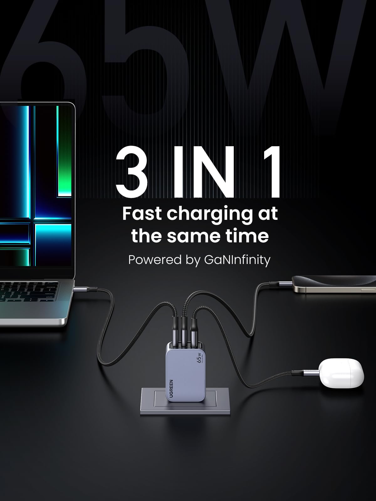 UGREEN Nexode Pro 65W GaN Fast Charger - 3-Port USB C Wall Charger for MacBook Pro/Air M2, Dell XPS, iPhone 16/15, Galaxy S24, Pixel 9 | Compact Foldable Design | Perfect for Travel, Office & Home Charging