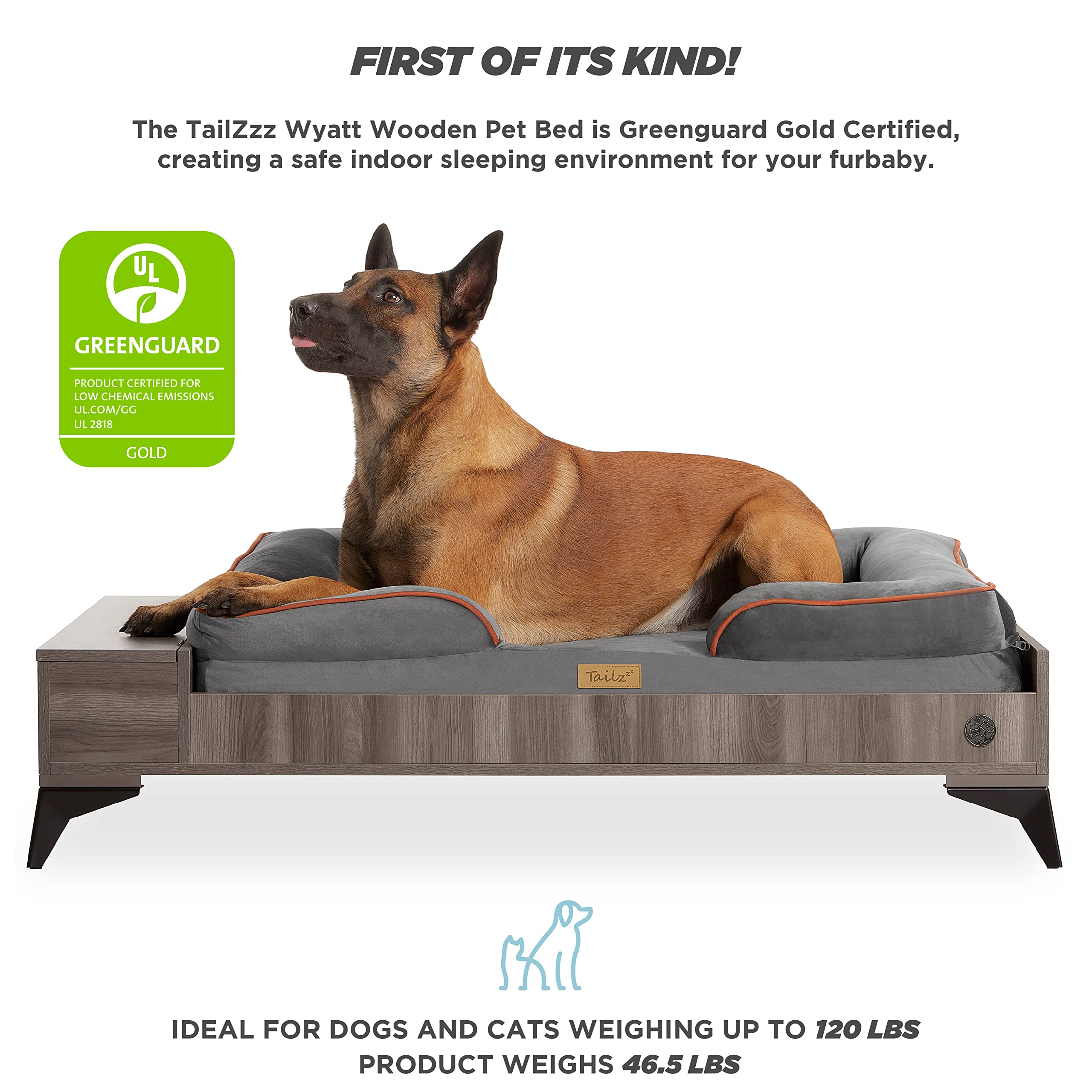 Premium Elevated Wooden Dog Bed & Couch with Water-Resistant Calming Mattress - Large to XL Size, Greenguard Gold Certified Pet Furniture for Indoor/Outdoor Use - Perfect for Living Rooms, Patios & Bedrooms (Milo Collection)