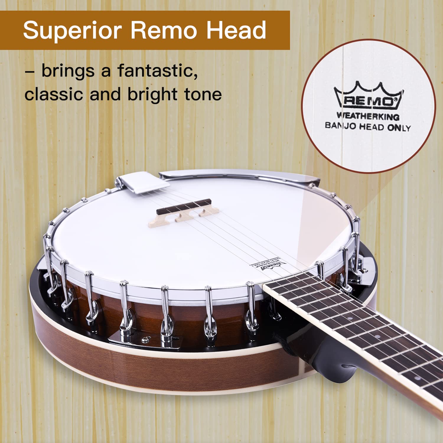 ADM 5-String Full Size Banjo Kit for Beginners - 38 Inch Resonator Banjo with Remo Drum Head, Open/Closed Back Options, Free Lessons & Starter Accessories - Perfect Gift for Adults & Teens (Brown) - Ideal for Bluegrass, Folk Music & Country Performances