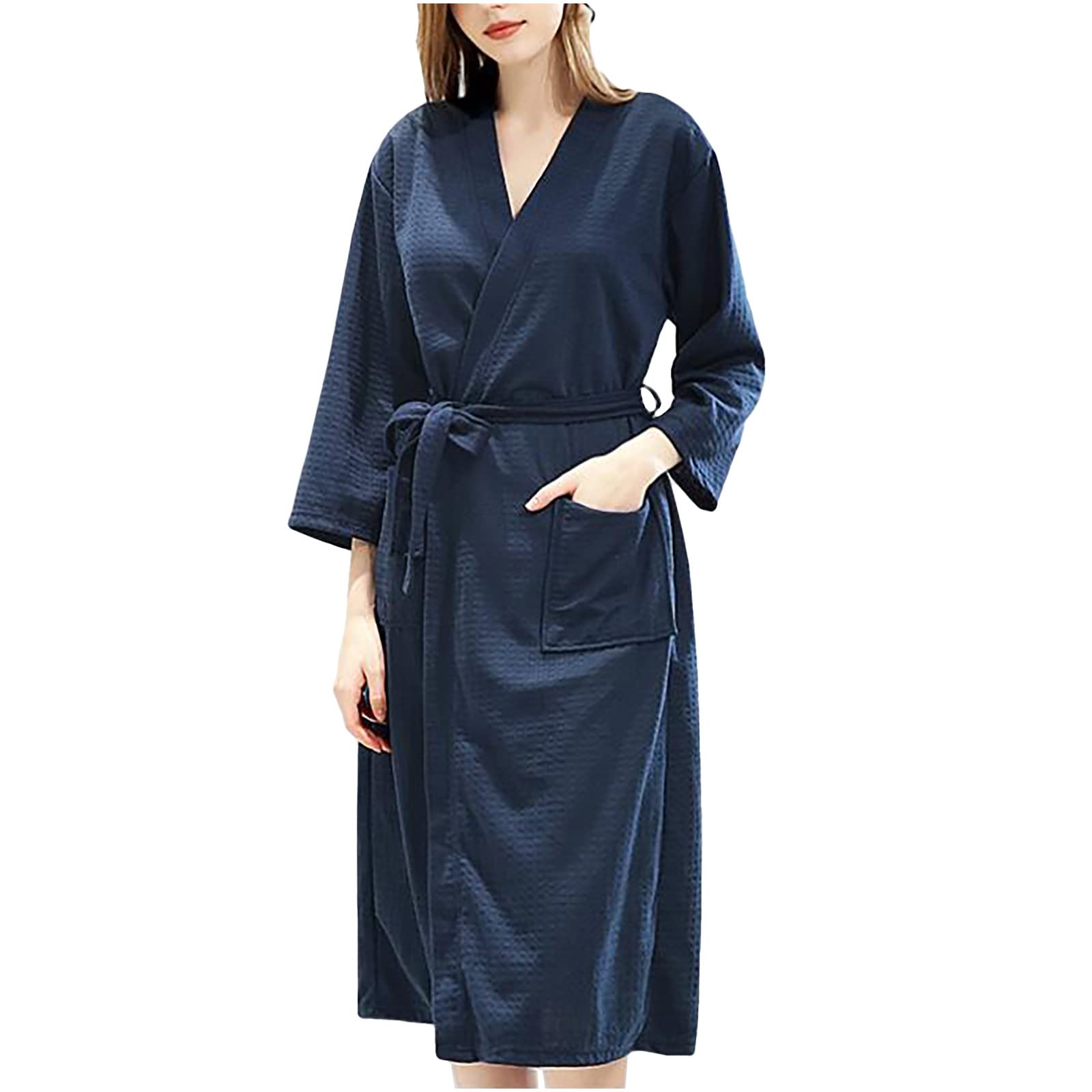 FAVIPT Unisex Soft Solid Color Waffle Bathrobe for Women & Men - Long Warm Spa Robe, Sleepwear, Knee Length Robe with Pockets - Perfect for Home Relaxation, Spa Days & Lounging