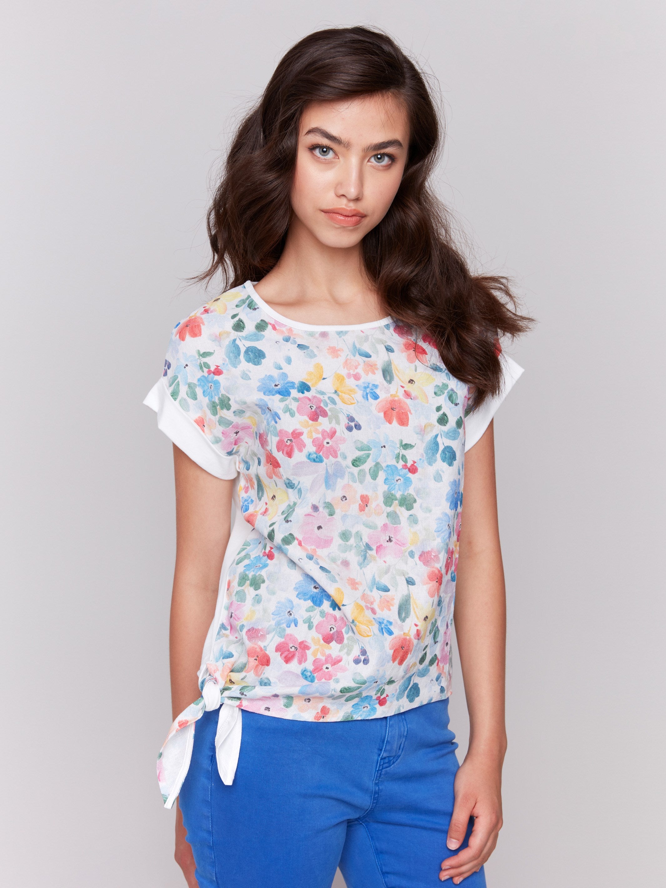 Floral Printed Linen Blend Women's Tops with Side Tie - Casual Summer Blouse for Beach, Vacation & Everyday Wear