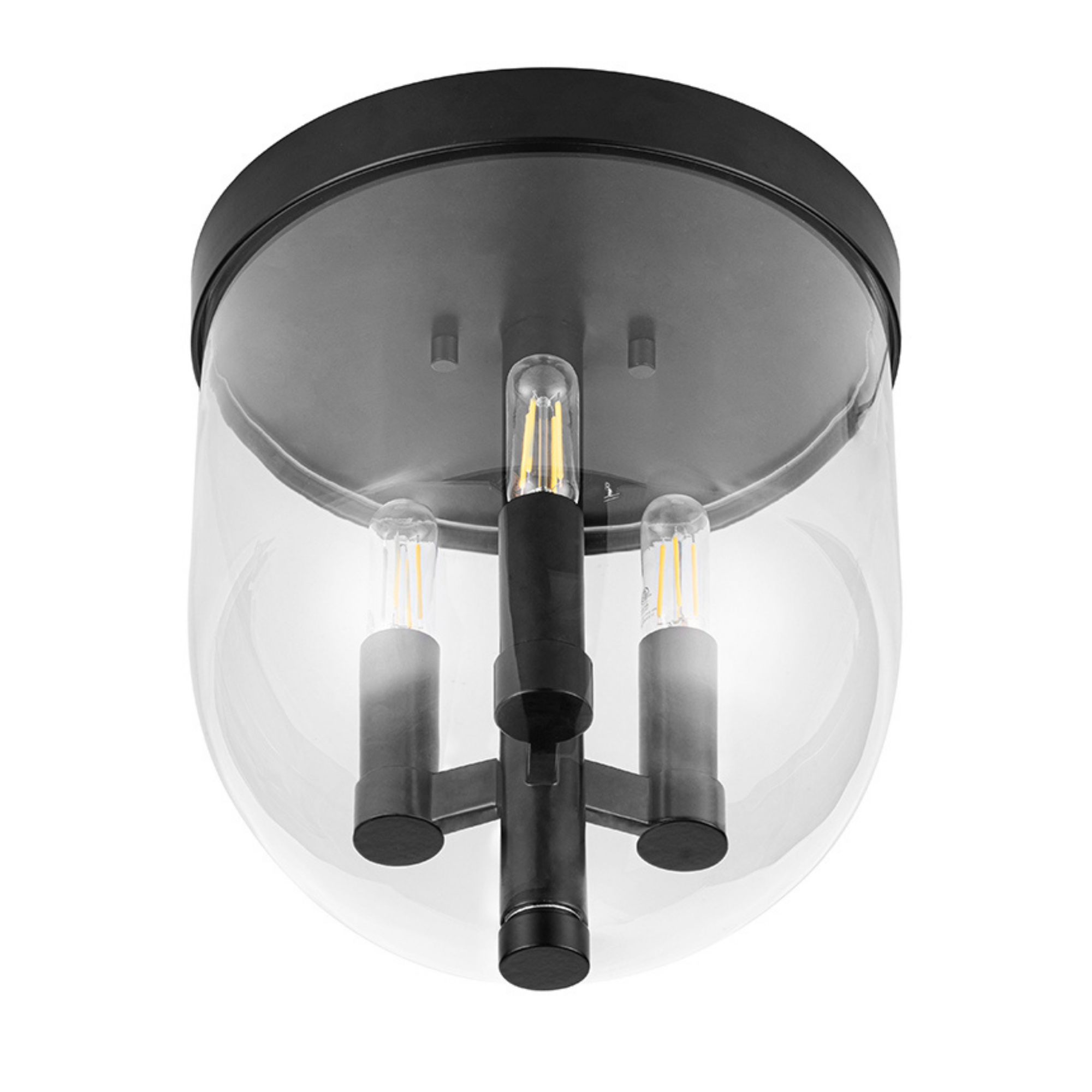 3-Light Hansley Flush Mount Ceiling Light Fixture - Matte Black with Clear Glass Shades - Perfect for Bedroom, Hallway, or Entryway Lighting