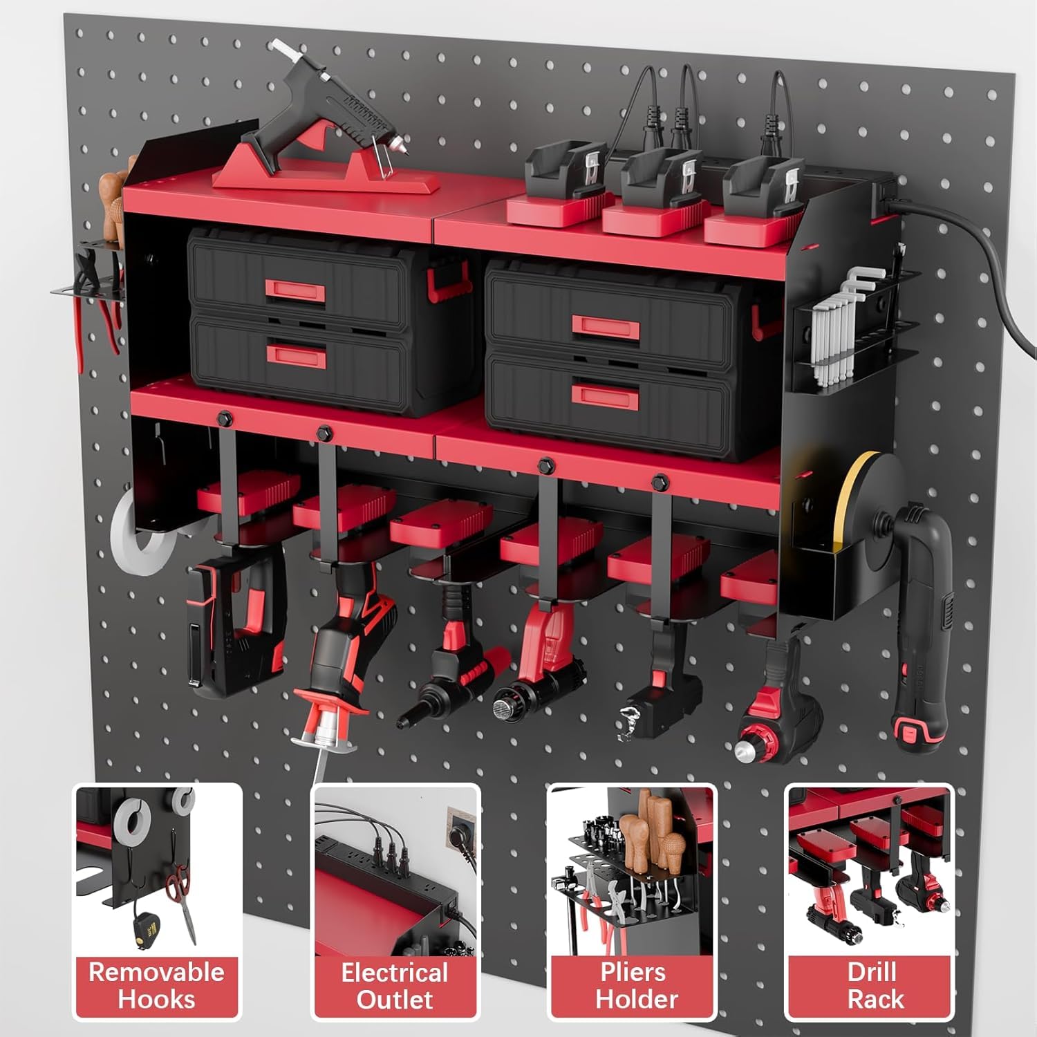 Wall Mount Power Tool Organizer with Angle Grinder Holder - 6 Outlet Power Strip & 2 USB Ports Charging Station | Perfect Workshop Storage Solution for DIY Enthusiasts & Fathers Day Gifts