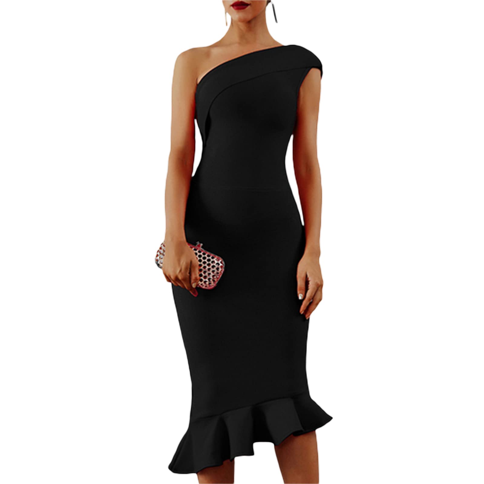 Elegant One-Shoulder Mermaid Maxi Dress for Women - Sexy Bodycon Wedding Guest Dress with Irregular Hem | Perfect for Cocktail Parties, Evening Events & Special Occasions