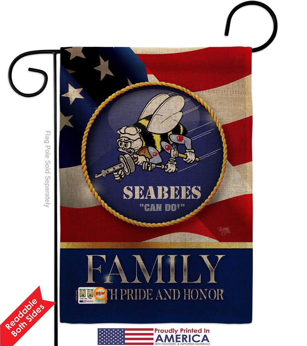 US Seabees Family Honor Burlap Garden House Flags Kit - Double-Sided 28x40 Inch Armed Forces Navy USN Veteran Yard Banner - Made in USA - Perfect for Military Appreciation, Patriotic Home Decor & Veteran Gifts