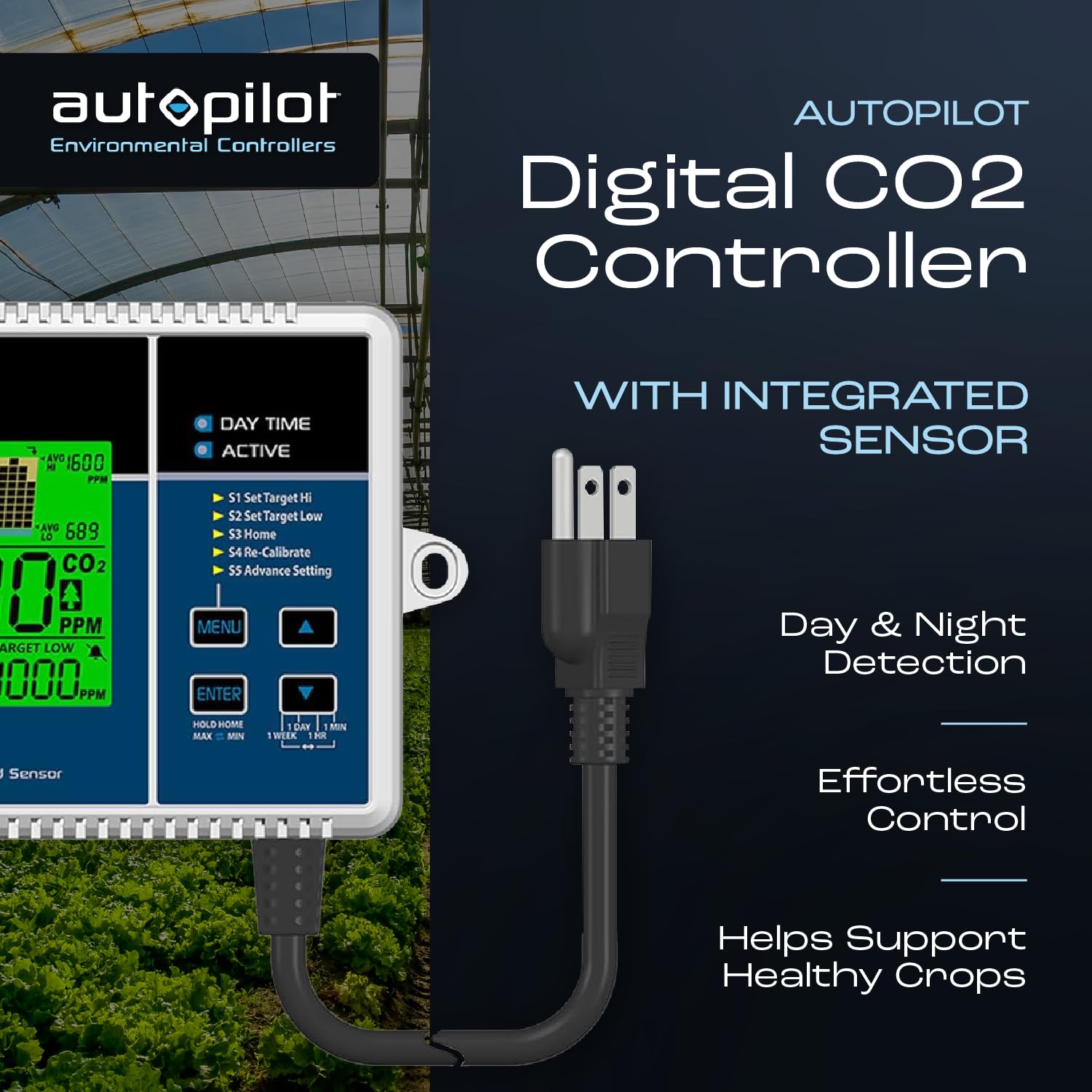 Autopilot Digital CO2 Controller with Integrated Sensor - CO2 Monitor for Greenhouse & Indoor Plants - 5ft Power Cord - Perfect for Hydroponics, Grow Tents & Home Gardens
