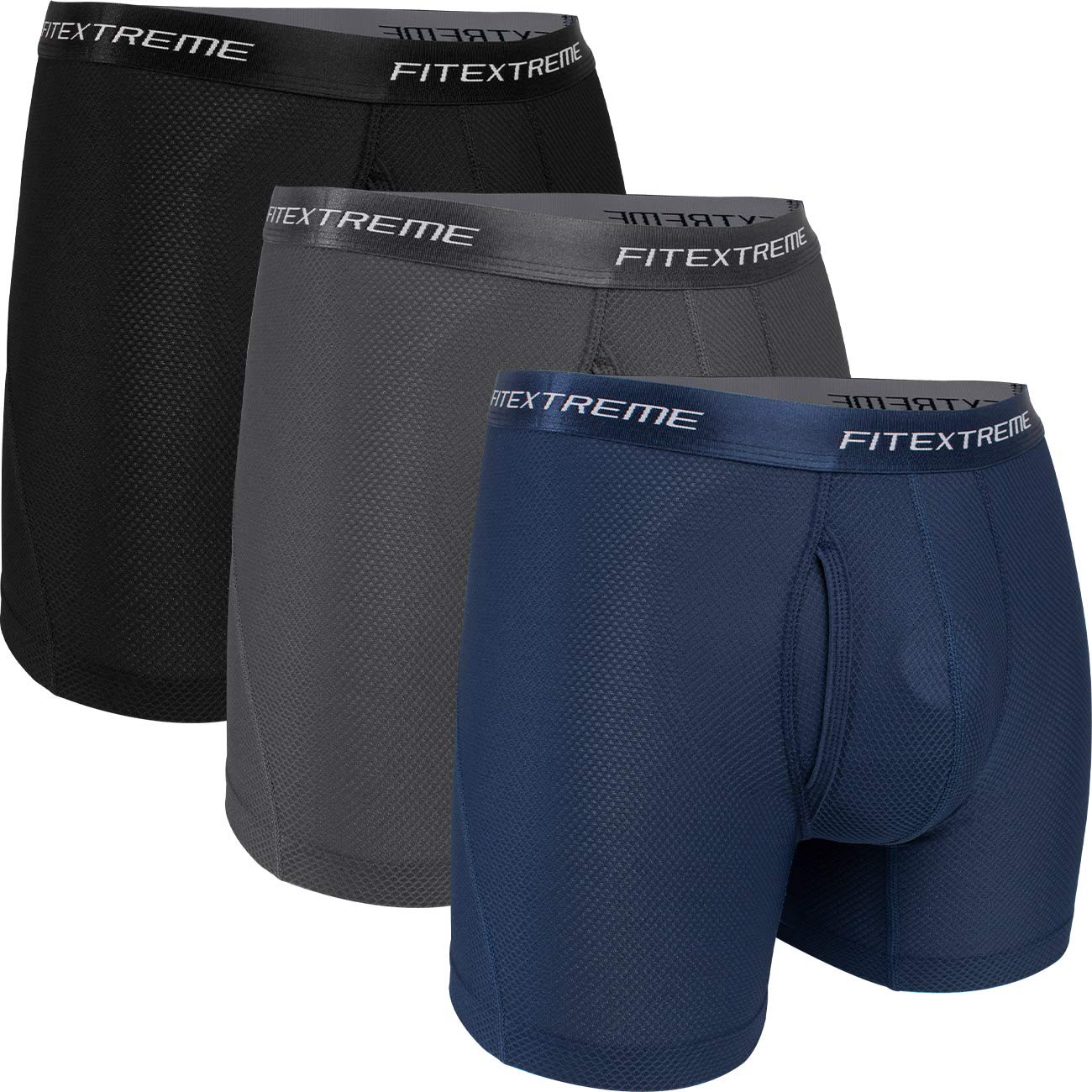 FITEXTREME Men's Breathable Waffle Mesh Boxer Briefs with Separate Pouch & Open Fly - 3 Pack Multipack - Comfortable Underwear for Workout, Travel & Everyday Wear
