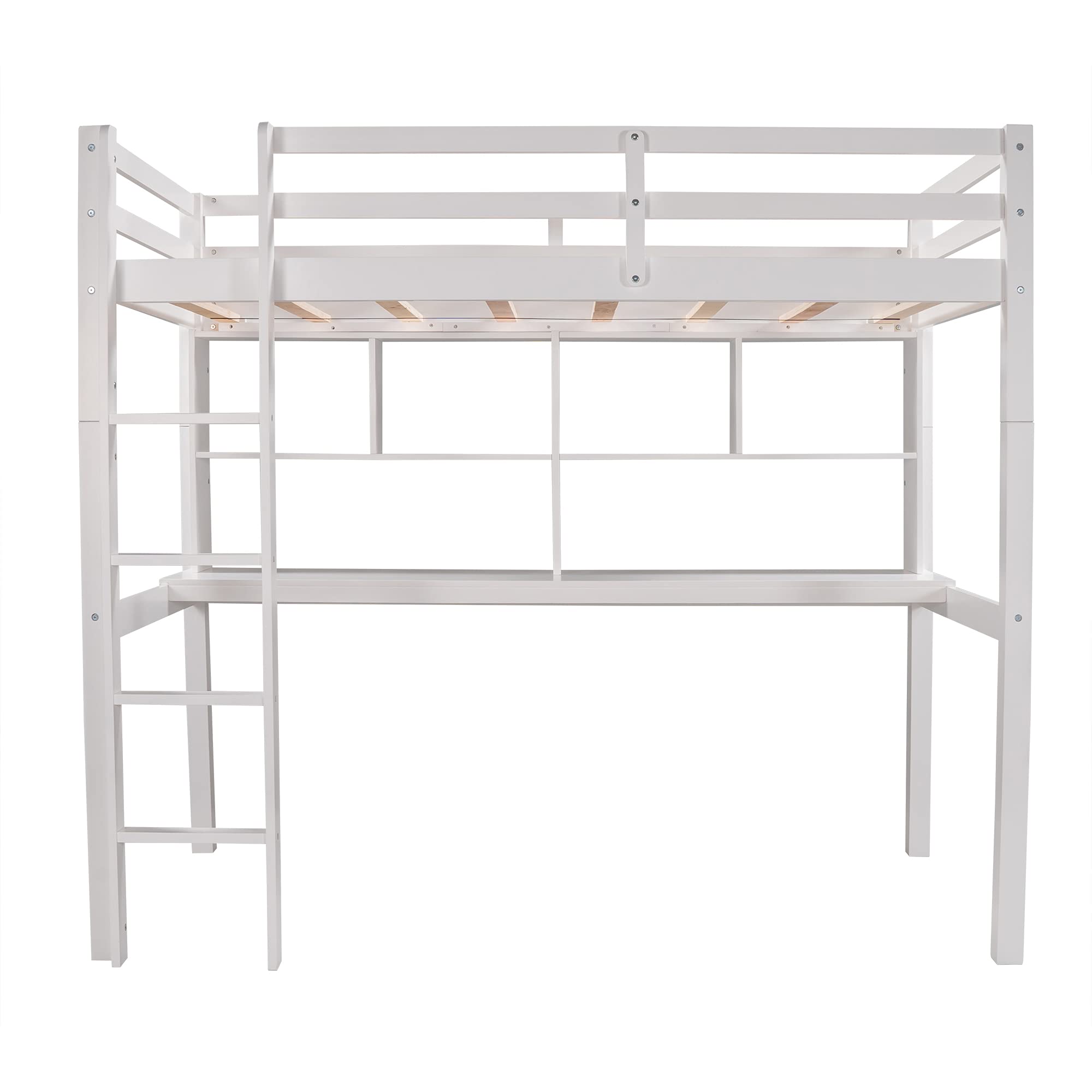 Twin Size Loft Bed with Built-in Desk & Shelves | Solid Wood Frame with Ladder & Safety Rail | No Box Spring Required | Perfect for Small Bedrooms, Dorms & Kids Rooms (White)