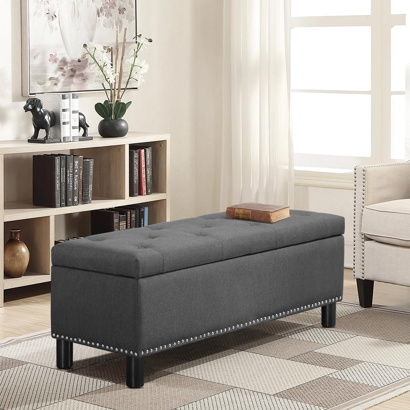 Furniliving Storage Ottoman Bench with Wood Legs - Foldable Upholstered Button-Tufted Entryway Bench for Bedroom, Living Room & Hallway - Dark Grey Linen Fabric (Multi-Functional Seat & Storage Solution)