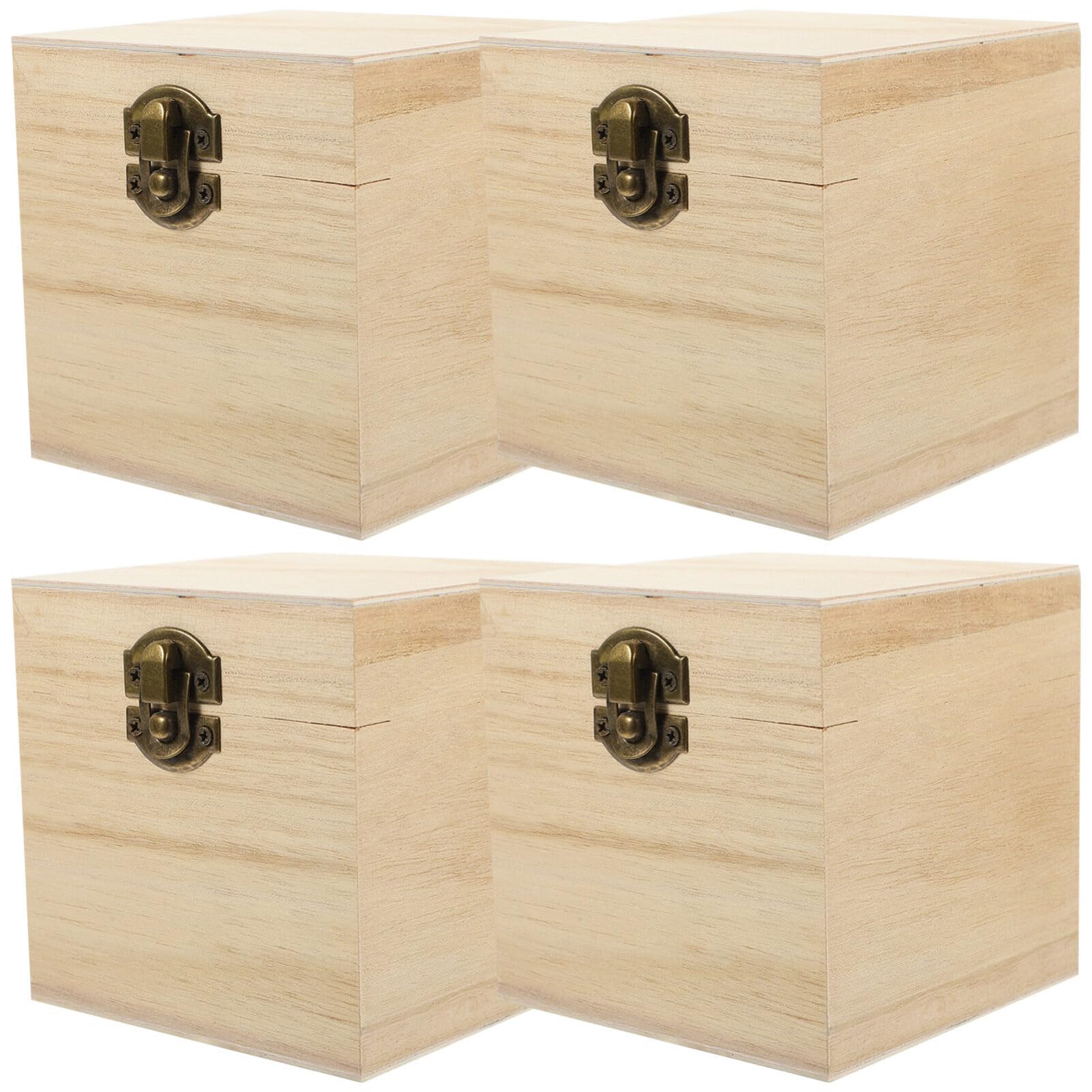 4 Pack Unfinished Wooden Square Boxes with Hinged Lid & Front Clasp - DIY Craft Storage, Jewelry Organizer, Home Decor - Perfect for Wedding Favors, Gift Boxes & Craft Projects