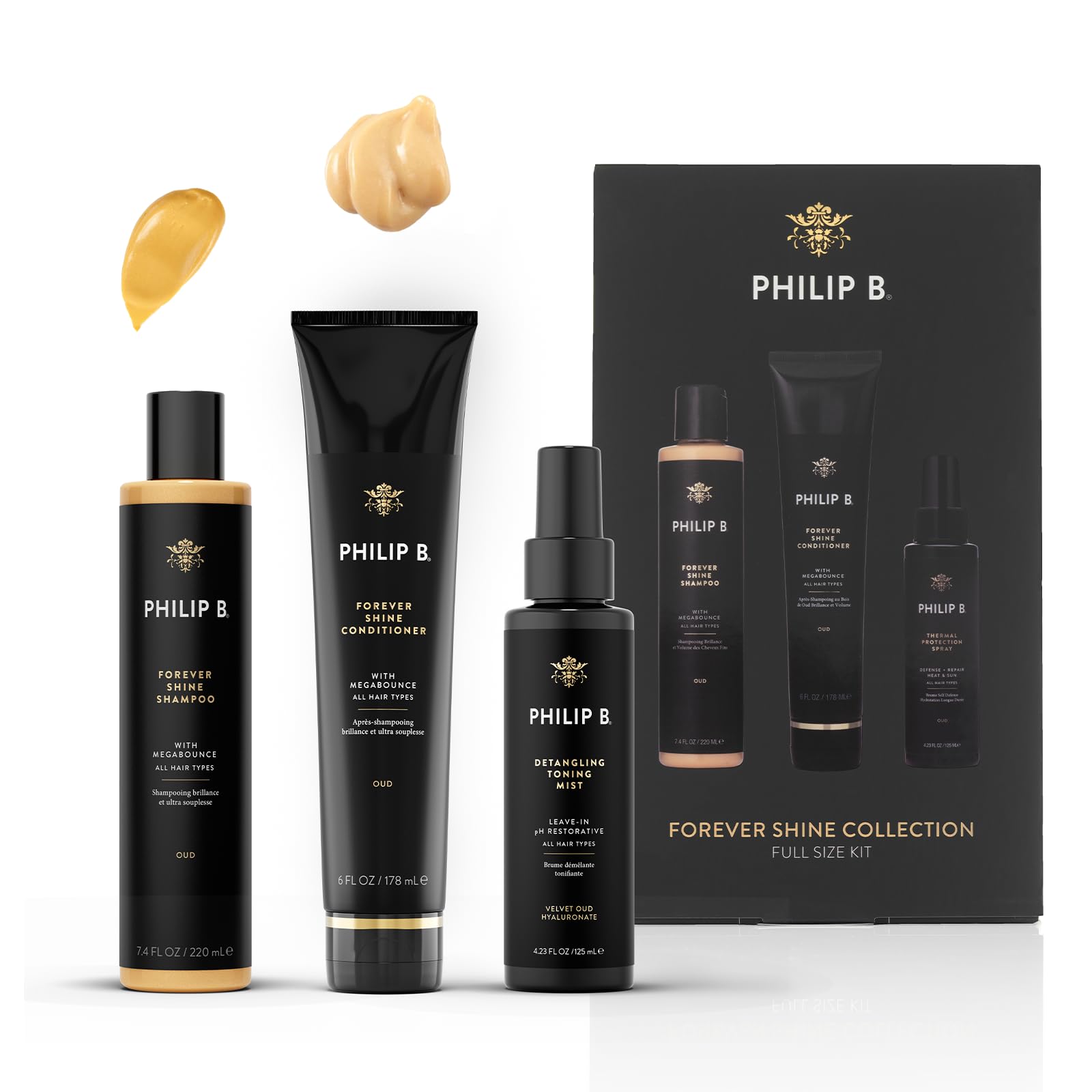 PHILIP B. Forever Shine Collection Full Size Kit - Shine Enhancing Shampoo, Conditioner & Heat Protectant Spray for Smooth, Glossy Hair | Salon-Quality Hair Care for Daily Use & Special Occasions