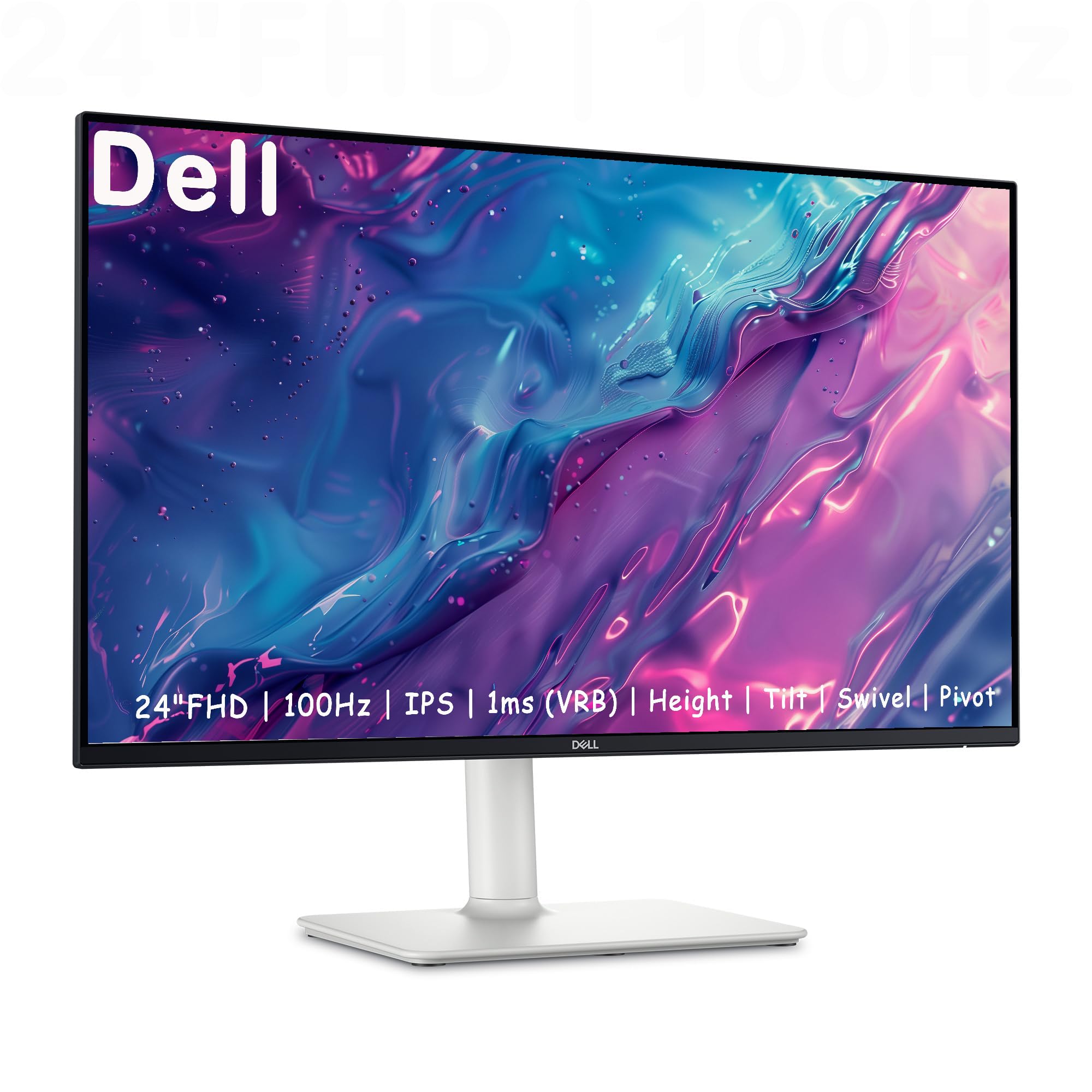Dell 24 Inch LED Monitor - Full HD 1080p, 100Hz Refresh Rate, AMD FreeSync, 1500:1 Contrast Ratio, VESA Mount, Built-in Speakers, Height/Tilt/Swivel Adjustable, 2x HDMI Ports - Perfect for Home Office, Gaming & Multimedia (White)