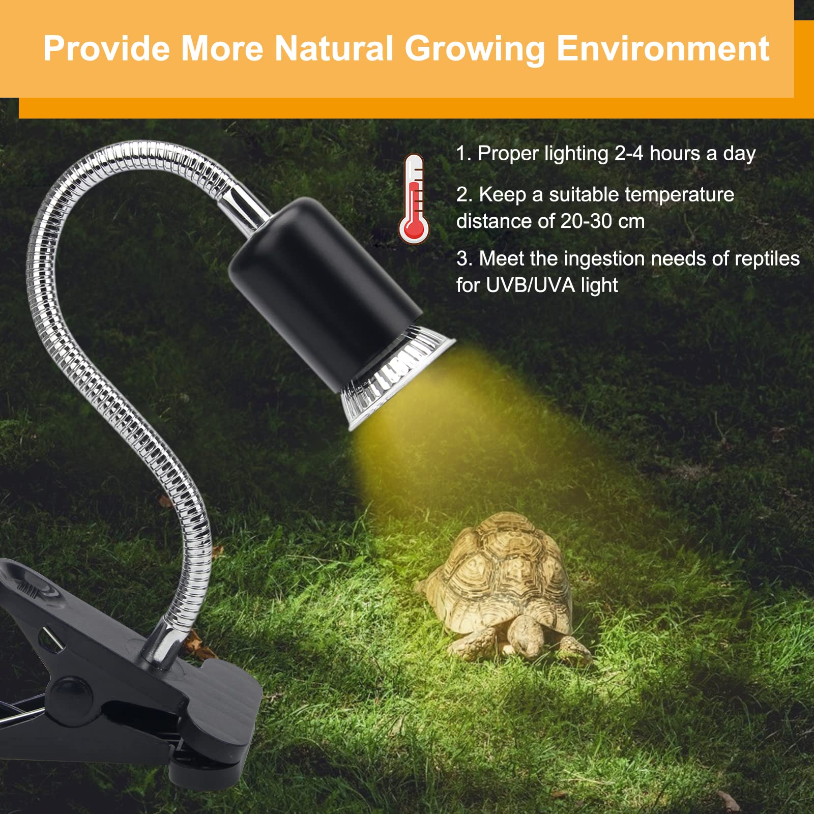 50W UVA UVB Reptile Heat Lamp with 2 Bulbs - 360° Rotatable Adjustable Clips for Turtles, Lizards, Snakes - Perfect for Aquariums, Terrariums & Reptile Habitats - Yellow Light for Daytime Basking & Nighttime Warmth