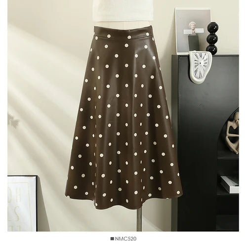 Elegant French Chic Women's Long Skirts - Dot Print A-Line High Waist Leather Skirt | Stylish Streetwear & Autumn Fashion | Perfect for Office, Dating & Casual Outfits