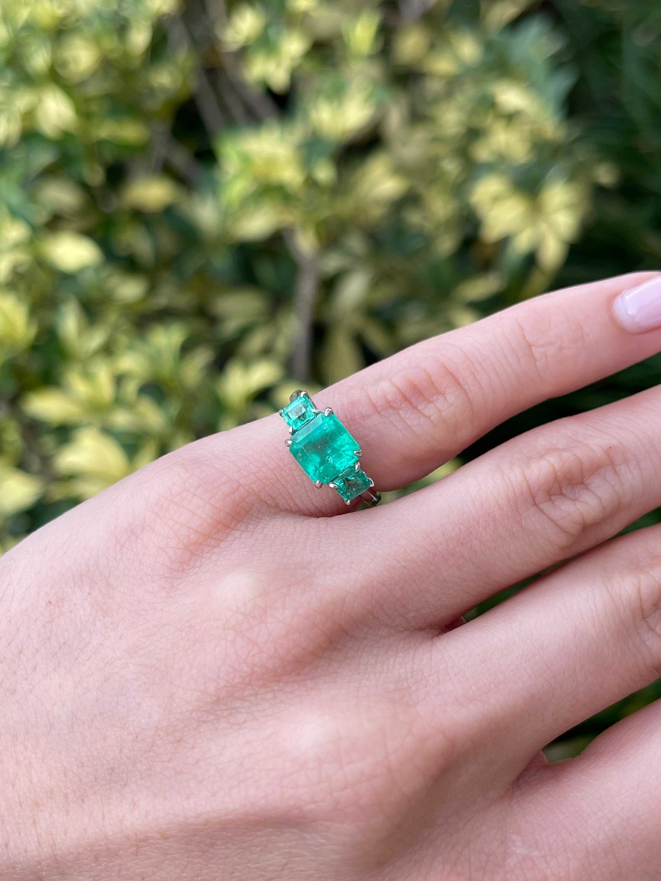 3.37tcw 18K Gold Vivid Asscher Cut Emerald Three Stone Trilogy Ring for Women - Elegant Right Hand Engagement, Anniversary & Wedding Jewelry Gift