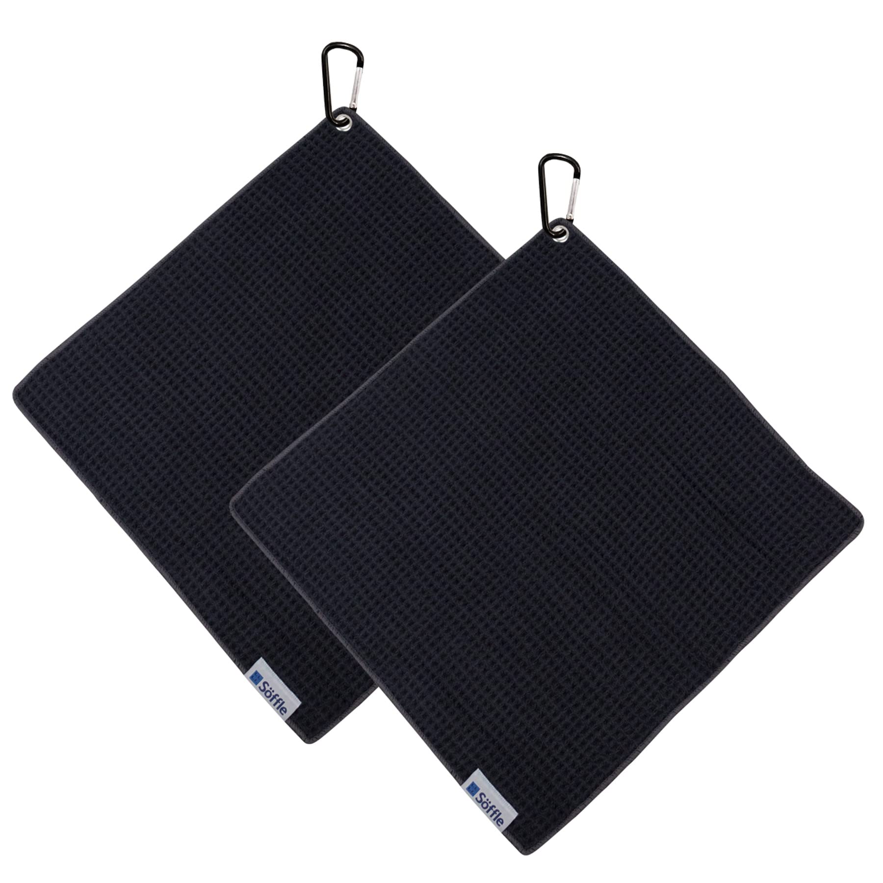 Premium Waffle Golf Towels 2 Pack - 16x16 Inches Microfiber Towels with Clip - Absorbent & Quick-Drying Golf Accessories for Greens, Cart & Club Cleaning (Black & Silver)