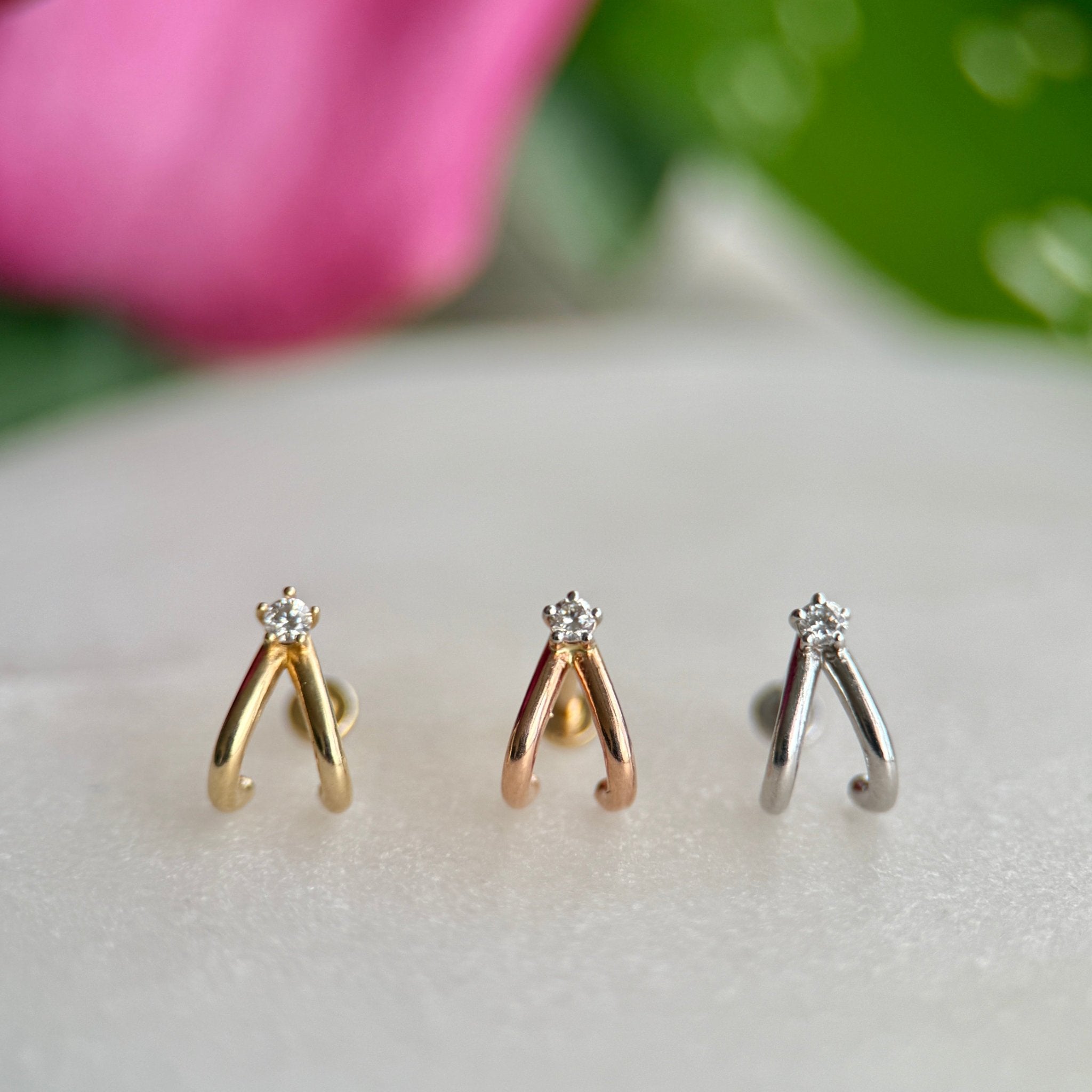 14K White Gold Diamond Double Suspender Flat Back Stud Earrings - Elegant & Durable for Weddings, Parties & Special Occasions