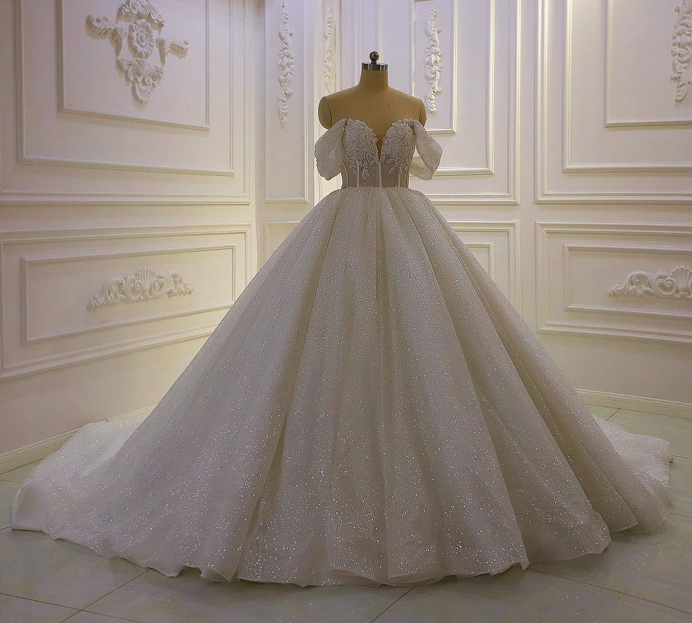 Off Shoulder Glitter Sparkle Wedding Dress AM1282 – Elegant A-Line Bridal Gown for Beach, Church & Formal Weddings