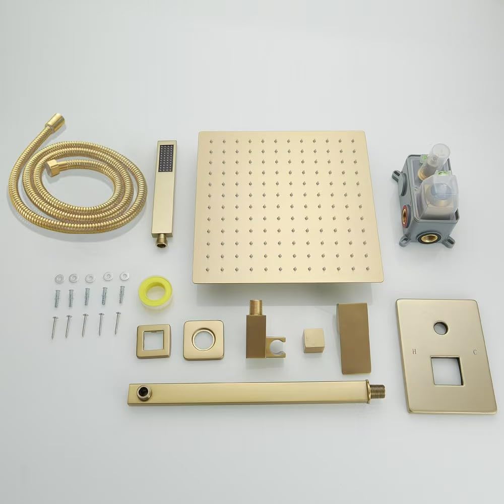 Luxury Brushed Gold Shower System - 12 Inch Rainfall Shower Head with Handheld Combo, High Pressure Wall Mounted Shower Faucet Set with Valve & Trim | Perfect for Modern Bathrooms & Spa-Like Experience