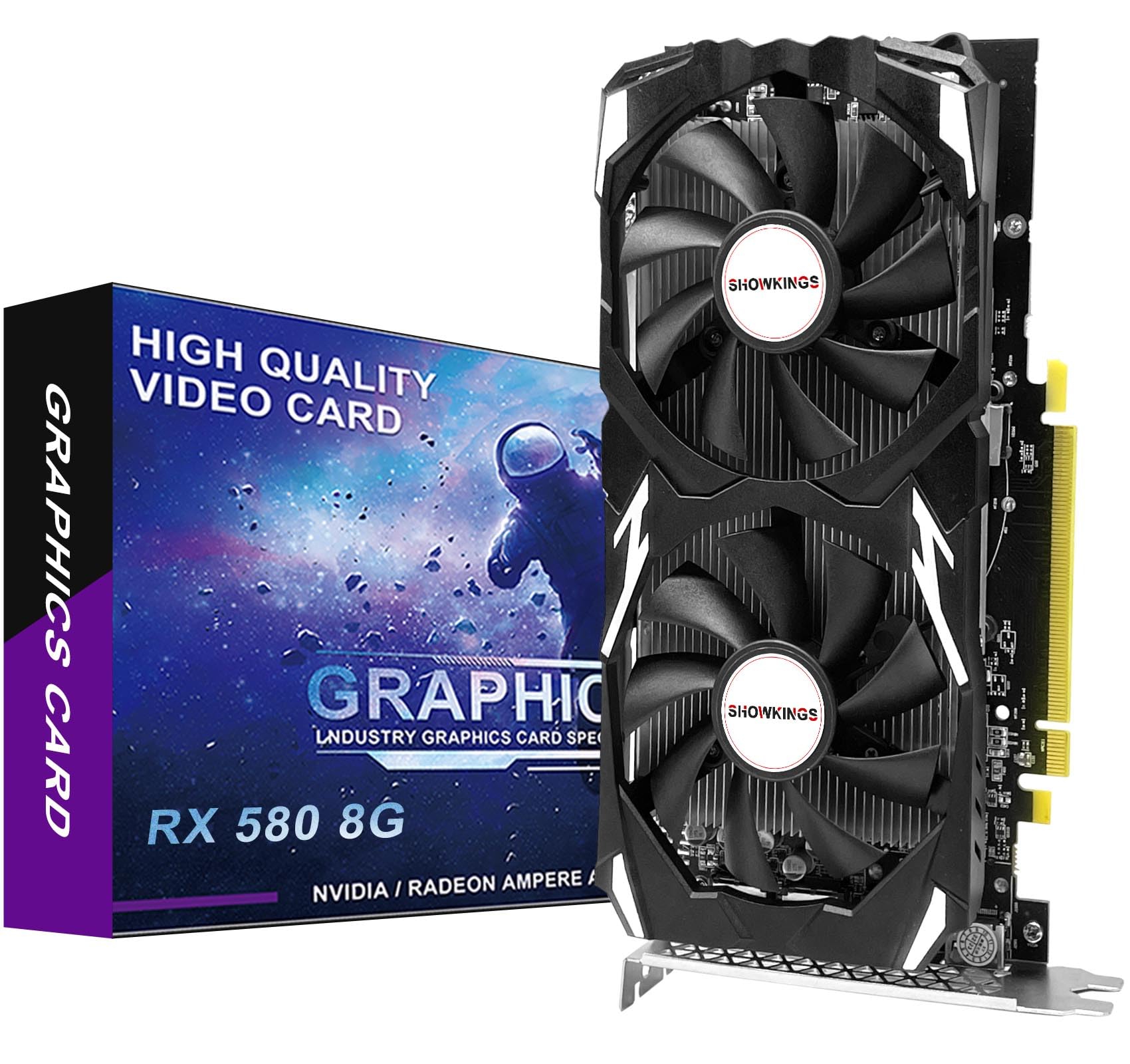 SHOWKINGS Radeon RX 580 8GB GDDR5 256-Bit AMD Graphics Card - 2048SP, PCI Express 3.0, Dual Fan Cooling, DP/HDMI/DVI Outputs for PC Gaming & Office Work - Perfect for 1080p Gaming, Video Editing & Multi-Monitor Setups