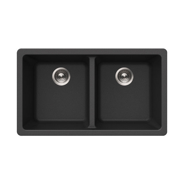 Houzer Quartztone Series 31 Granite Composite Undermount 50/50 Double Bowl Kitchen Sink - M 300U Midnight Black | Durable Scratch-Resistant Sink for Busy Kitchens, Perfect for Meal Prep & Dishwashing