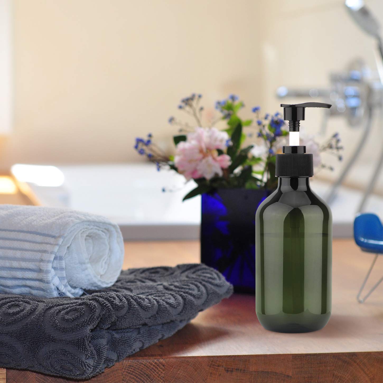 10oz Green Pump Bottle 2 Pack - Plastic Shampoo Pump Dispenser for Lotion & Body Wash | Refillable Squeeze Containers for Bathroom, Salon & Travel