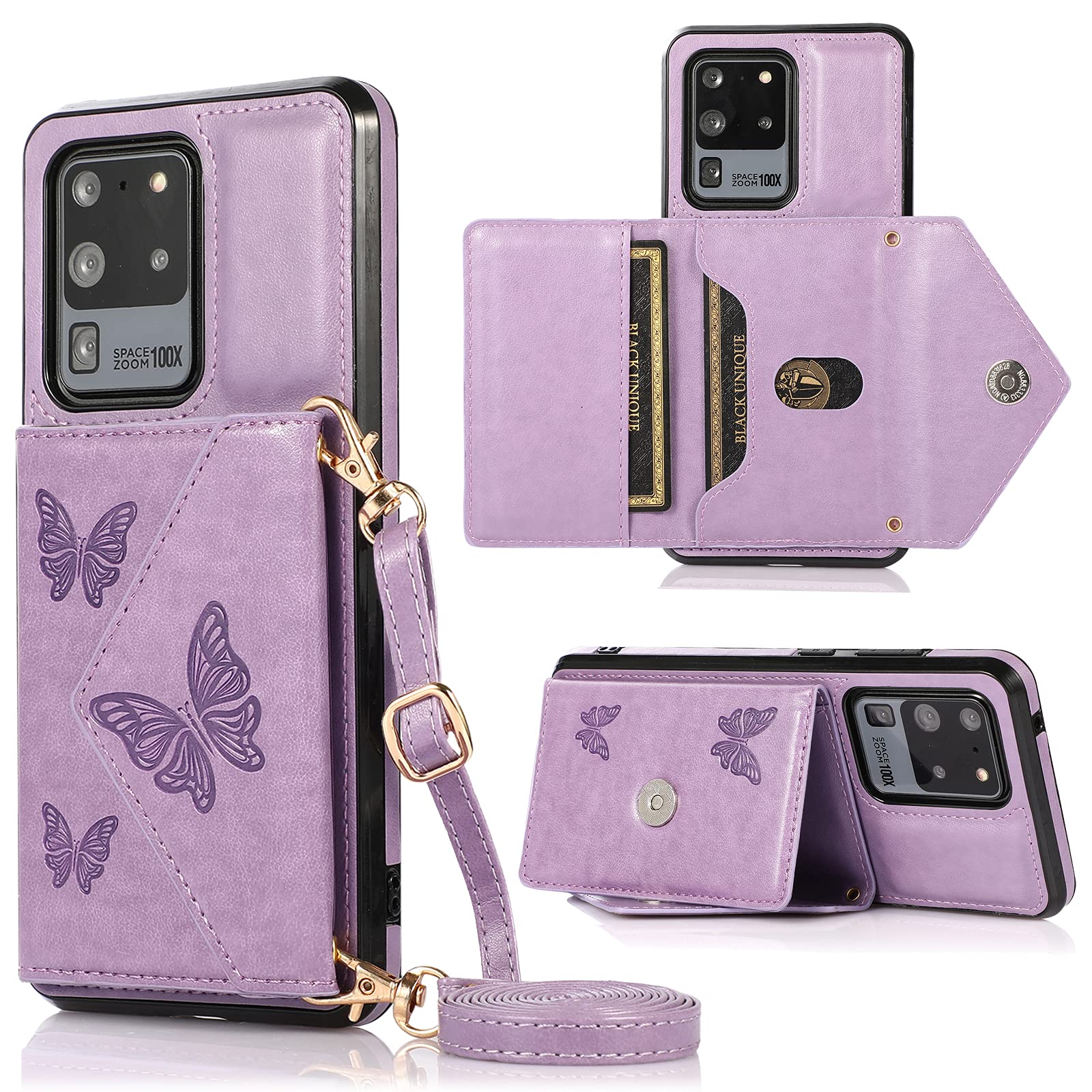 **Galaxy S20 Ultra 5G Wallet Case with Card Slots & Stand – Shockproof Protective Cover, Embossed Butterfly Design (Purple) – Perfect for Daily Use, Travel & Hands-Free Viewing**