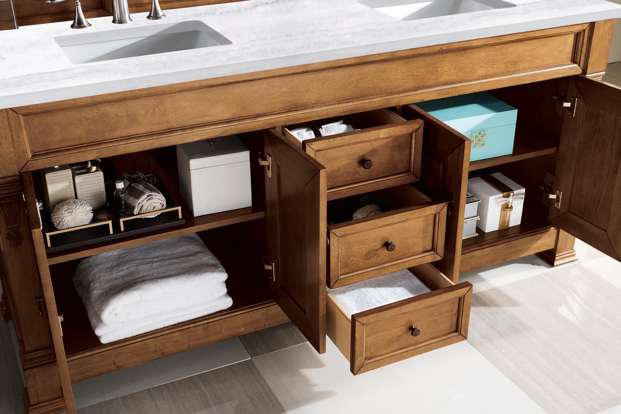 Brookfield 72 Inch Double Vanity with Country Oak Finish & 3CM Arctic Fall Solid Surface Top – Perfect for Bathroom Renovation & Modern Farmhouse Style Homes