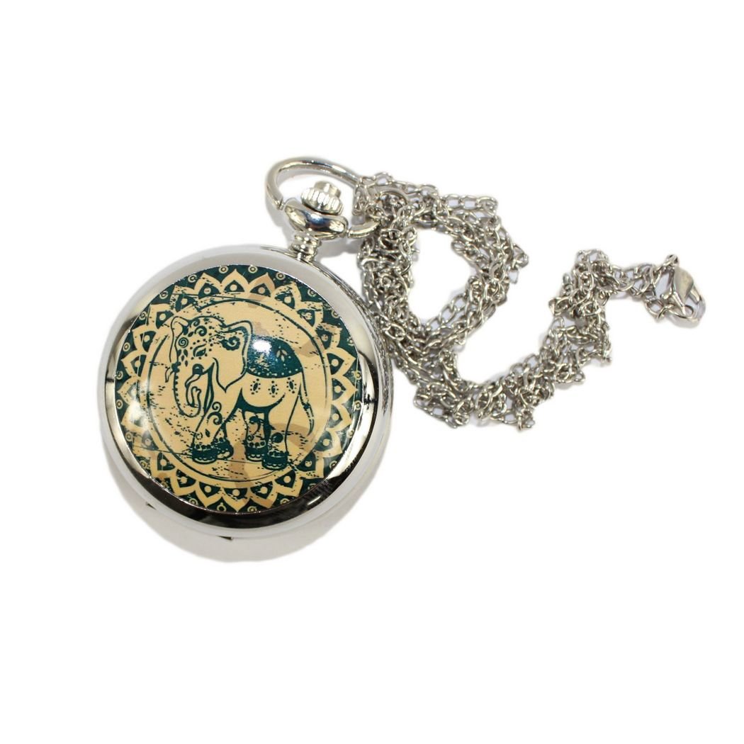 Gullor Large Oversized Thai Elephant Enamel Pocket Watch with Mirror - Vintage Style Unisex Fashion Accessory for Men & Women | Perfect for Steampunk Costumes, Gift Giving, and Collectors