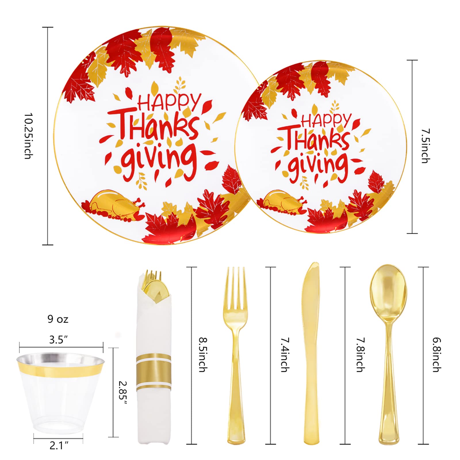 175-Piece Thanksgiving Plastic Dinnerware Set - Gold Disposable Plates, Dessert Plates, Napkins & Cups for Holiday Parties, Family Gatherings & Festive Celebrations