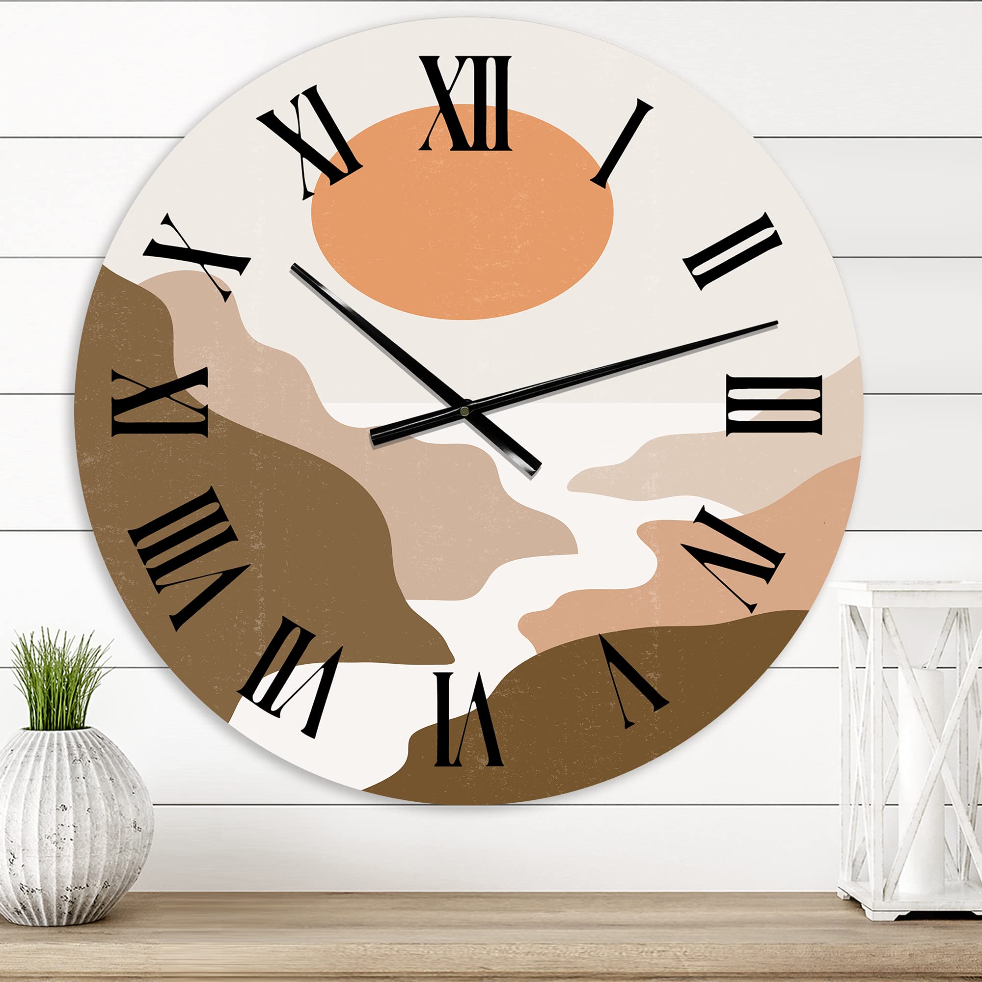 DesignQ Modern Abstract Fractal Wall Clock - 'Landscape with Full Moon' in Terracotta Tones, Large Decorative Clock for Living Room, Bedroom & Office Decor | Perfect for Home, Office & Modern Interior Design