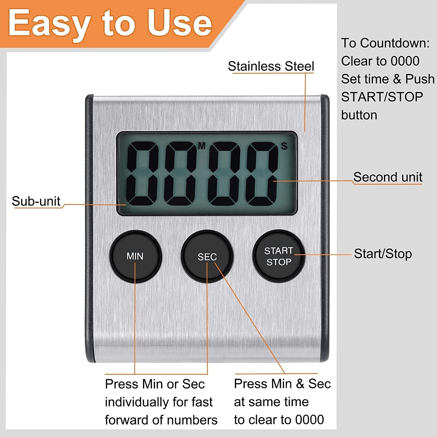 2 Pack Digital Kitchen Timer with Loud Alarm - Magnetic Countdown Timer for Cooking, Baking, Sports - Stainless Steel Stopwatch for Gym, Classroom & Office Use